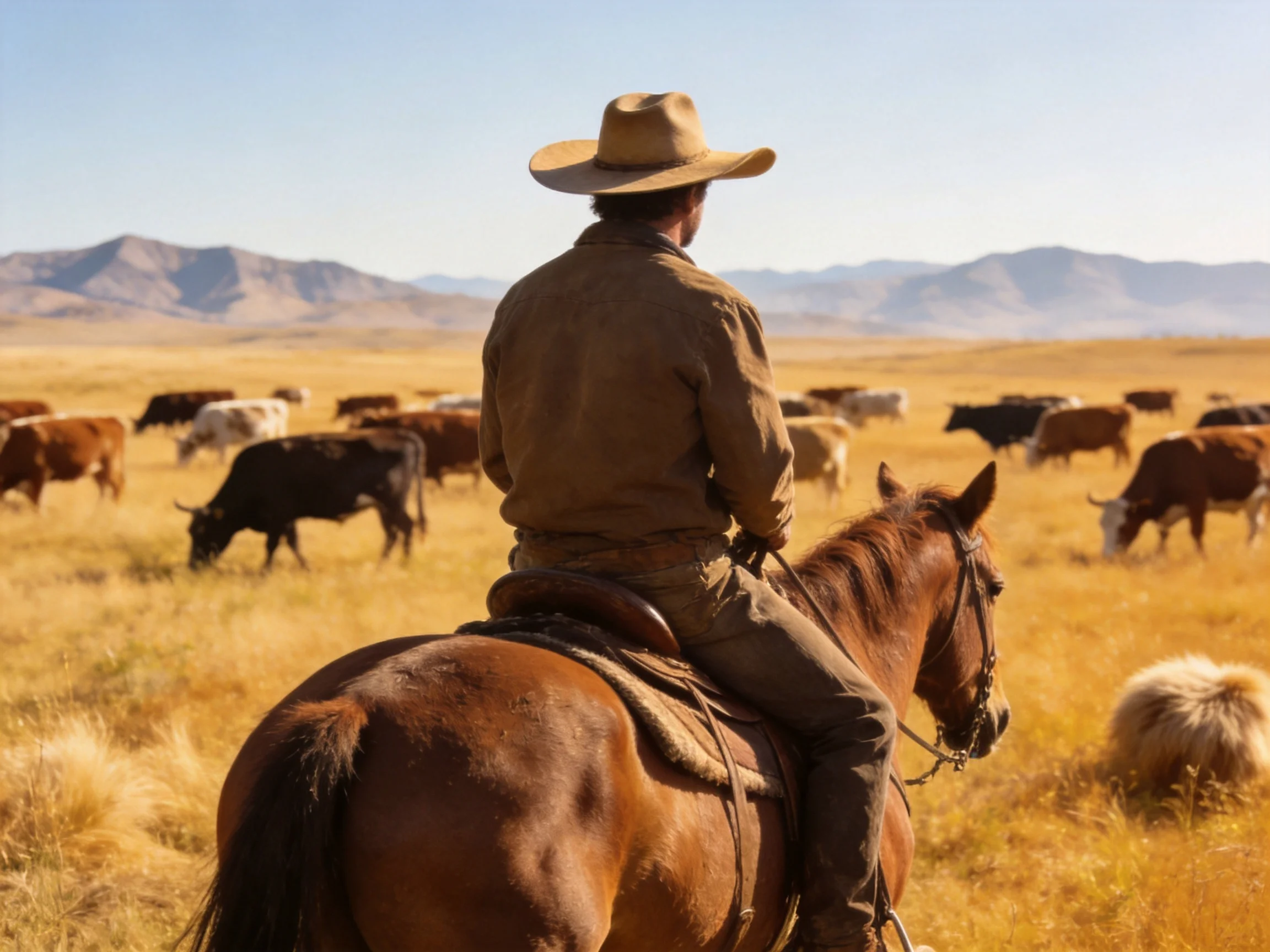 A cowboy rides a brown horse among grazing cattle in a golden field
