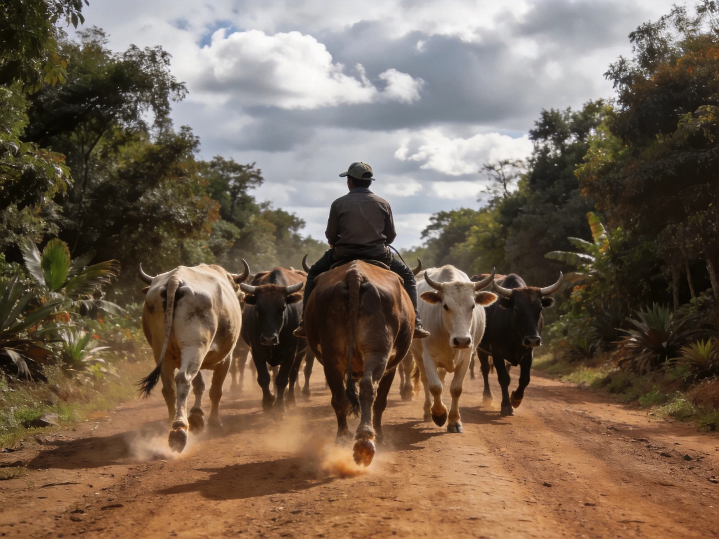 A cowboy rides a brown horse herding cattle down a dusty rural road