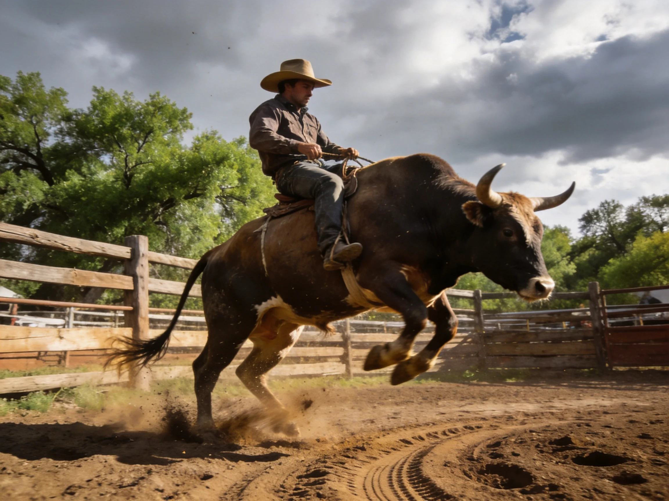 A cowboy rides a dark brown bucking bull in a wooden arena