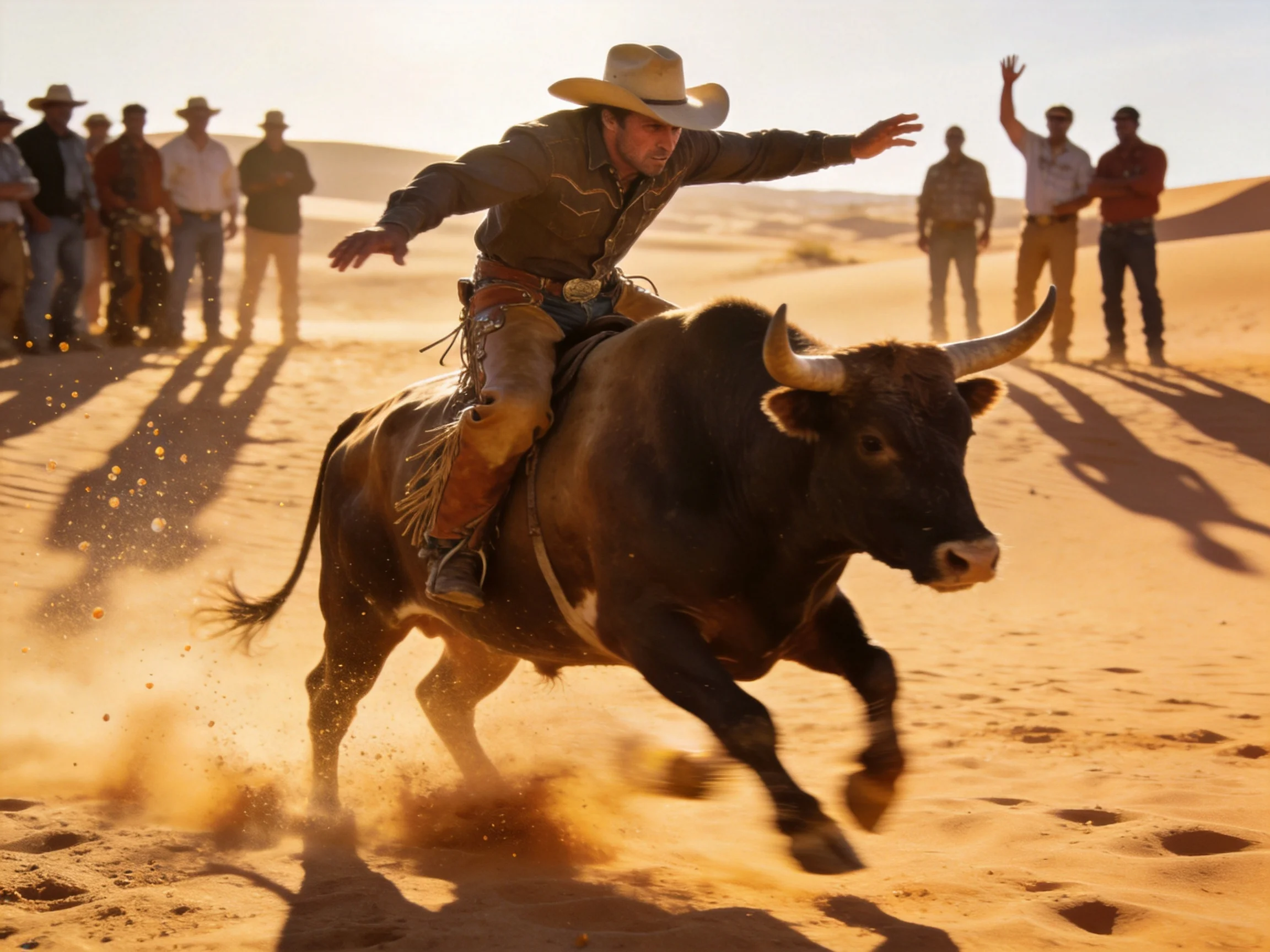 A cowboy rides a dark brown bull in golden sand dunes