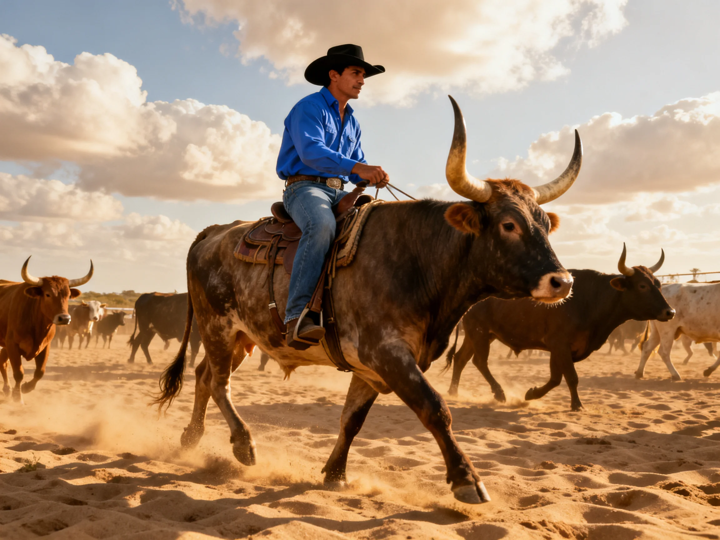 A cowboy rides a large horned bull amid cattle on sandy terrain