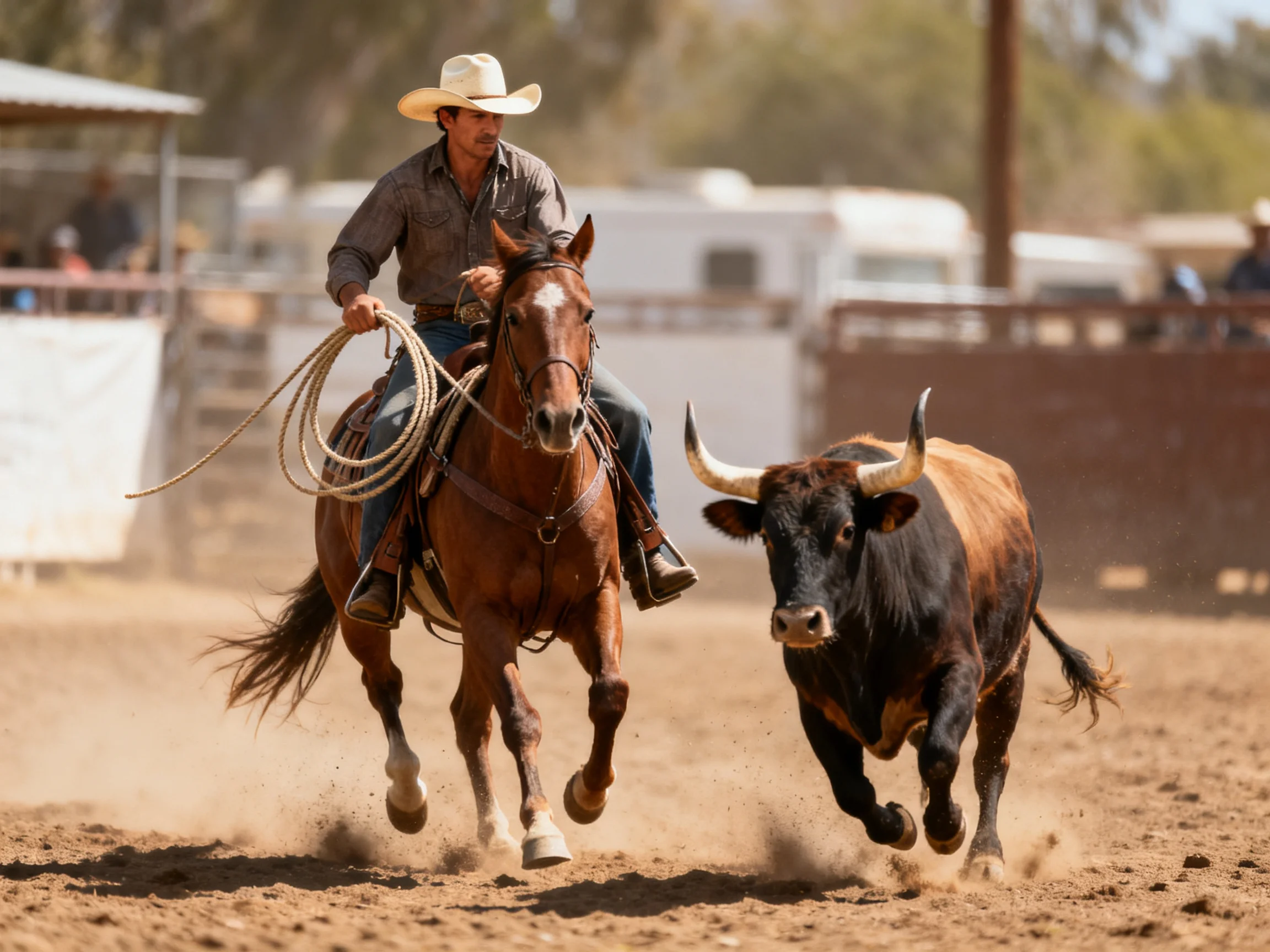 A cowboy roping a black-brown bull near a chestnut horse