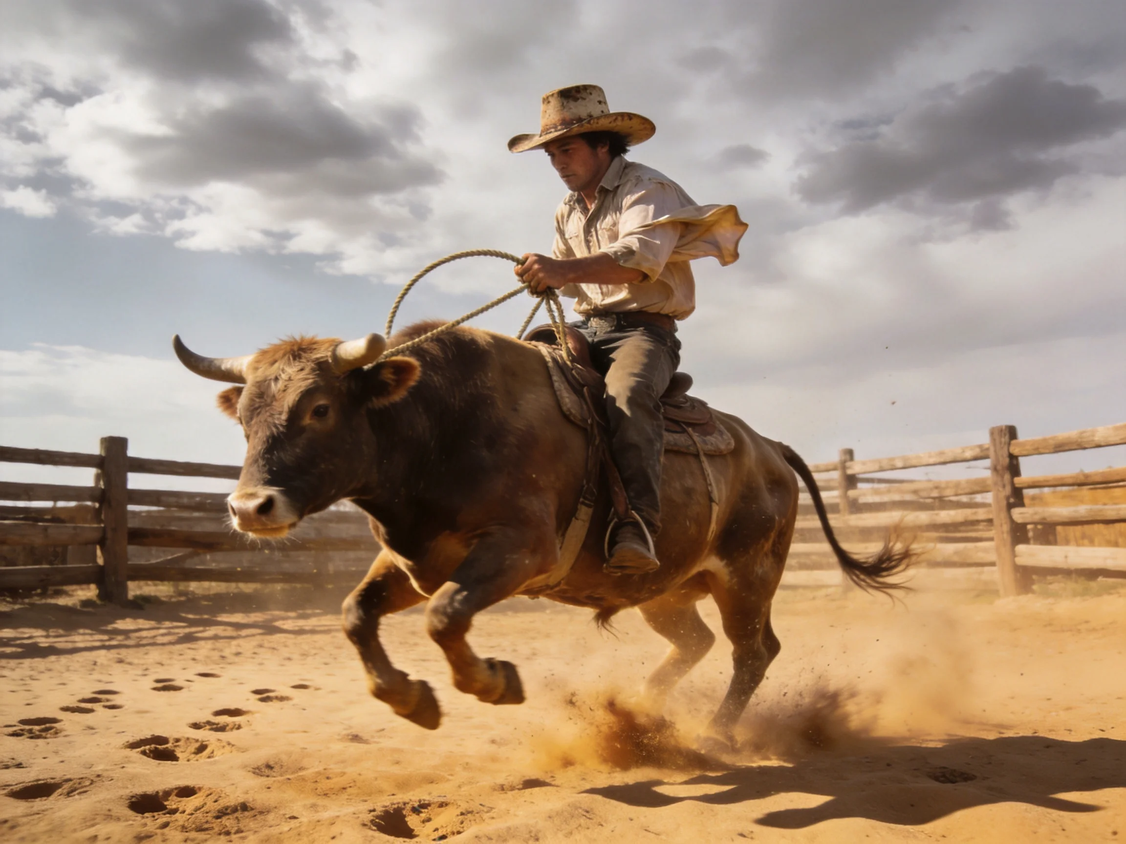 A cowboy roping a bucking brown bull in a dusty rodeo arena