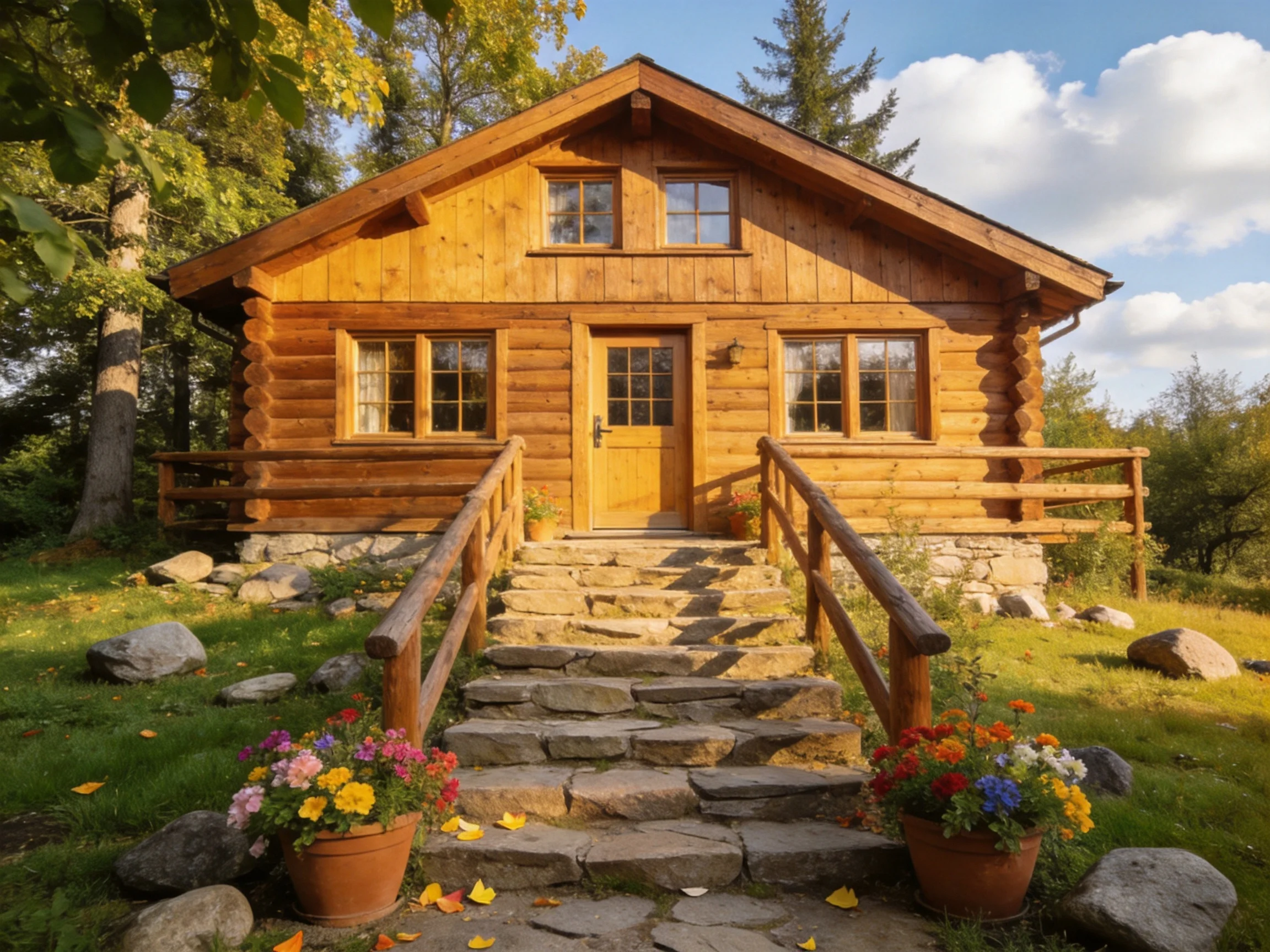 A cozy log cabin with stone steps and colorful flowers
