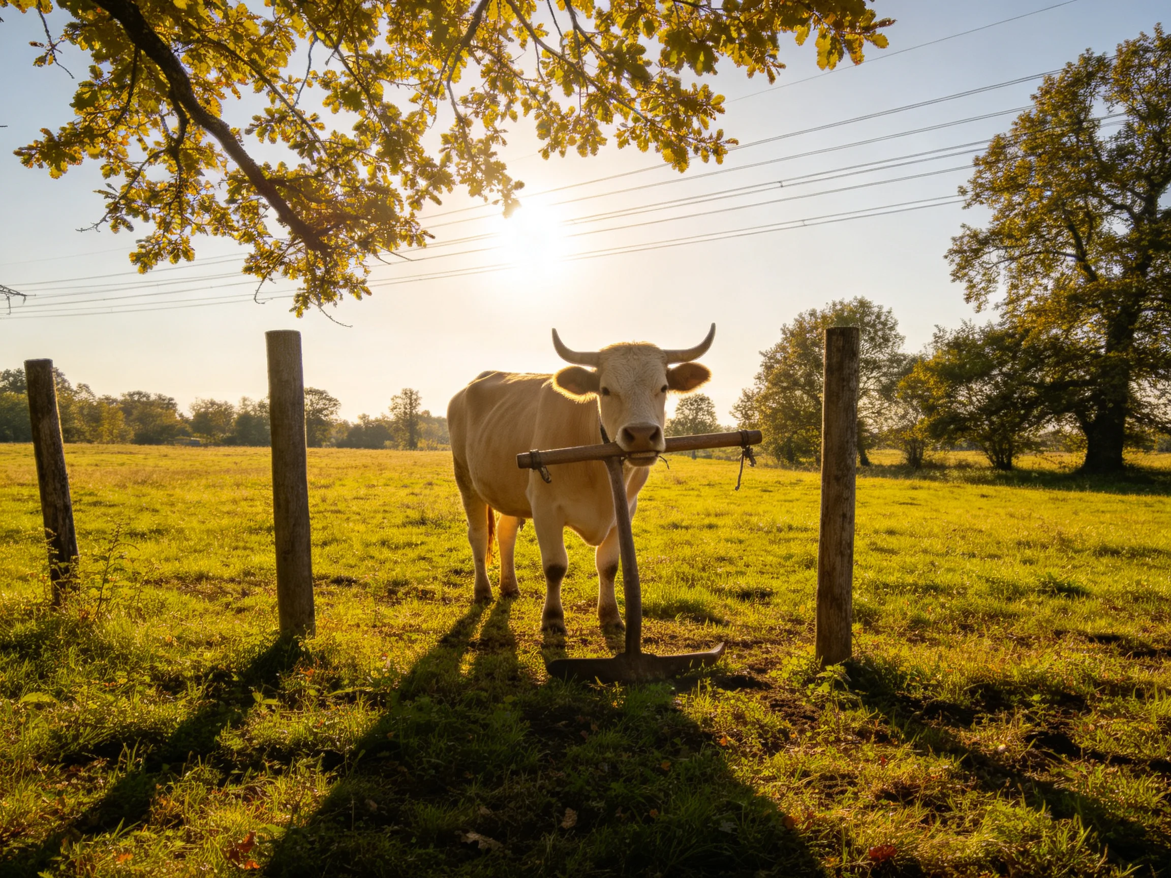 A cream - colored cow near wooden fence posts in a sunlit pasture