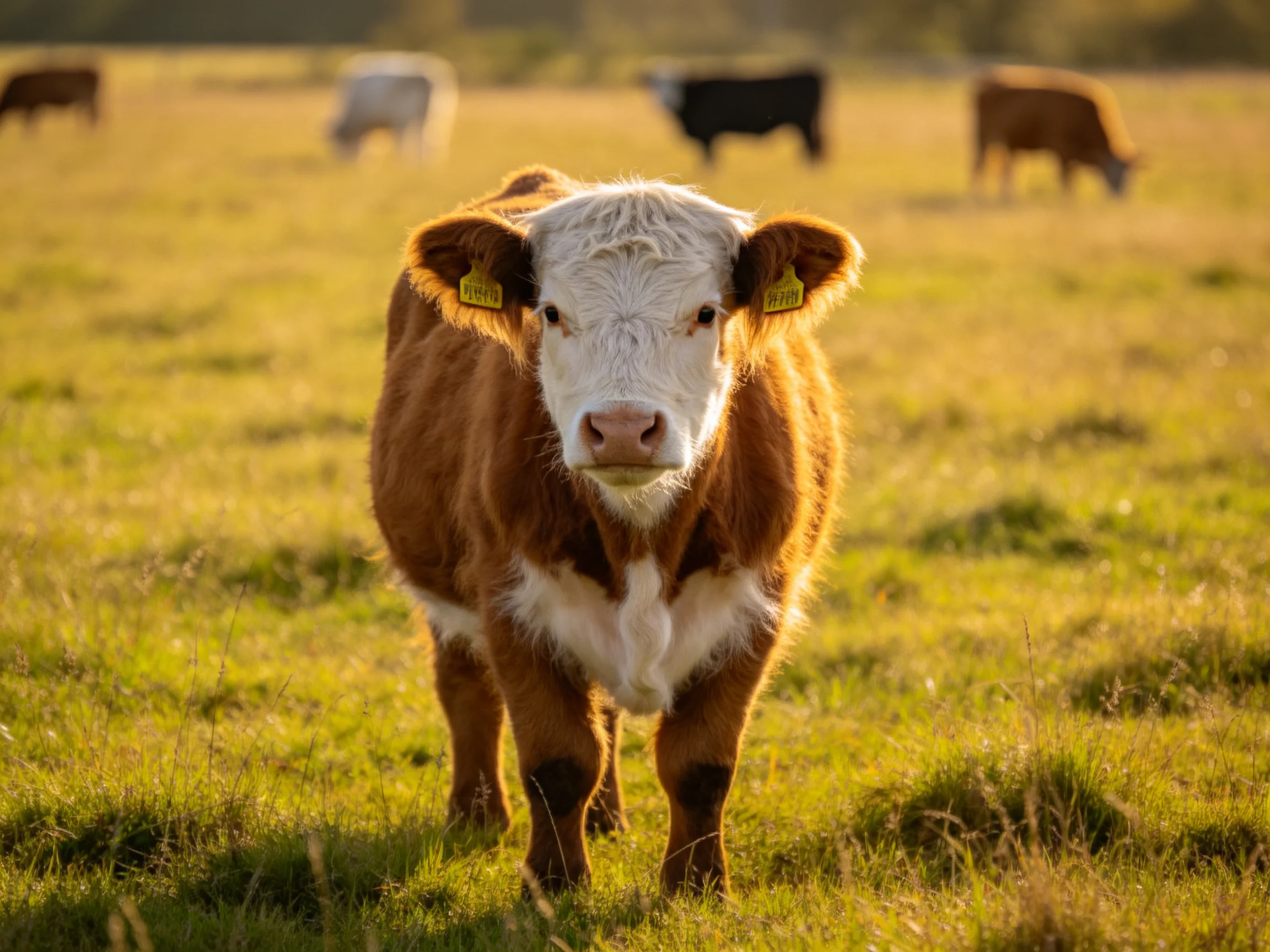 A curious brown-and-white calf stands in a sunlit pasture with distant cows
