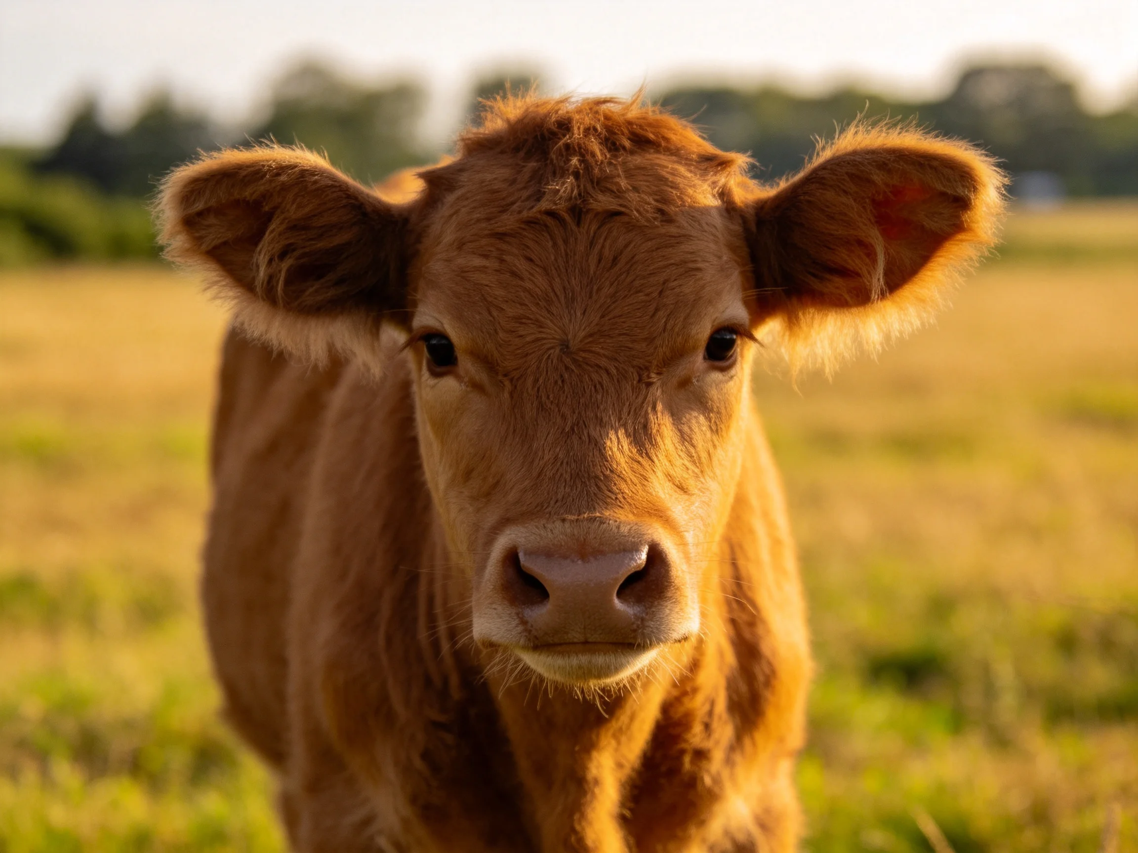 A curious brown calf gazes directly at the camera in a sunlit meadow