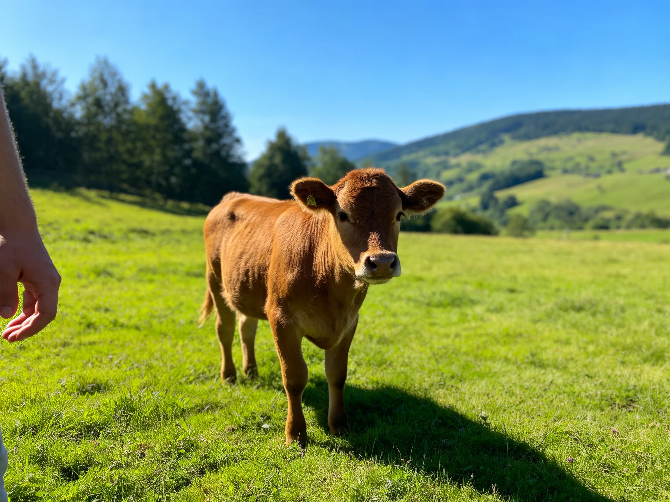 A curious brown calf in a lush green meadow near rolling hills