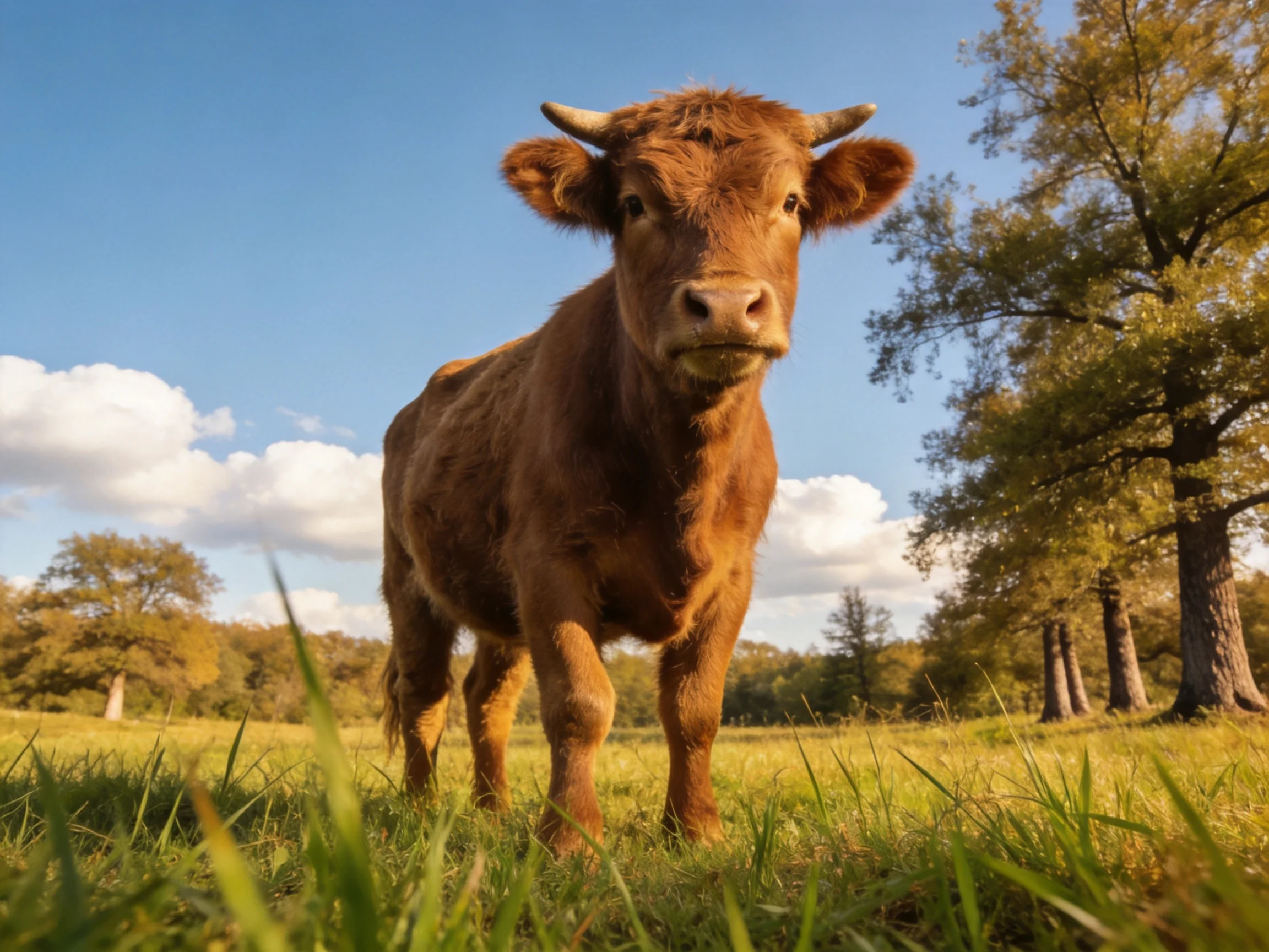 A curious brown calf in a sunlit green meadow near tall trees