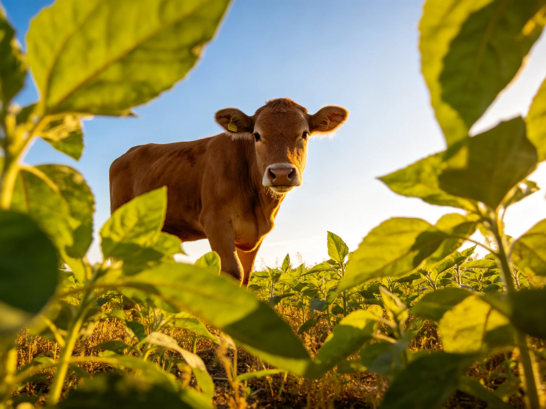 A curious brown calf stands among lush green foliage under bright sunlight
