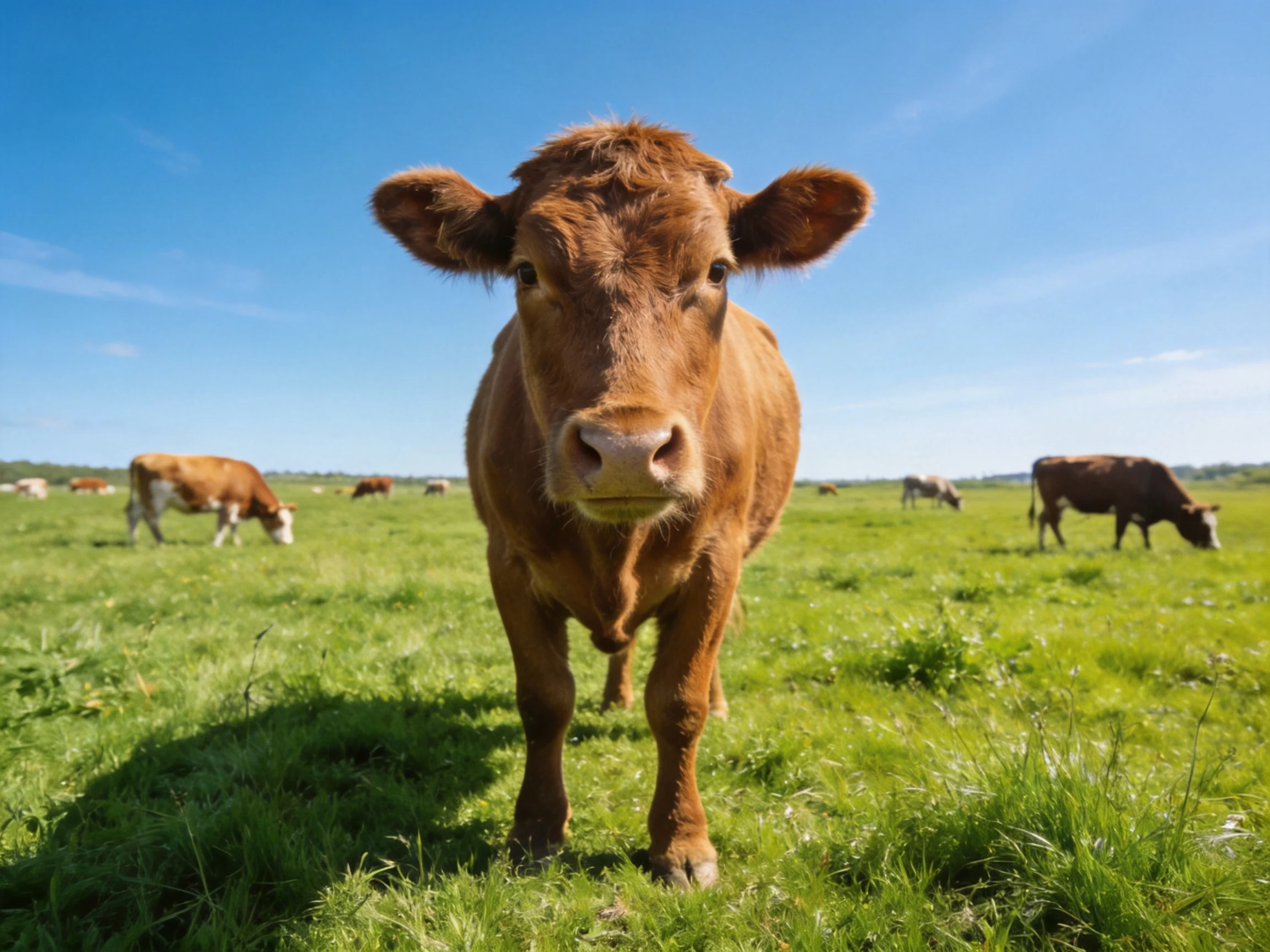 A curious brown cow stands in a lush green pasture with grazing cows