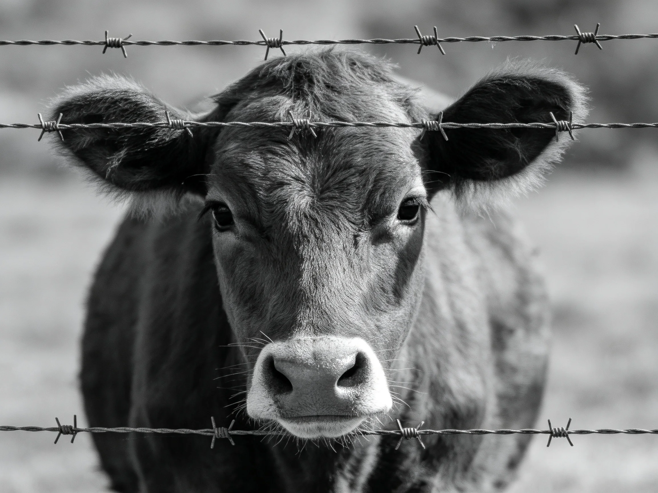 A curious cow gazes through barbed wire fencing