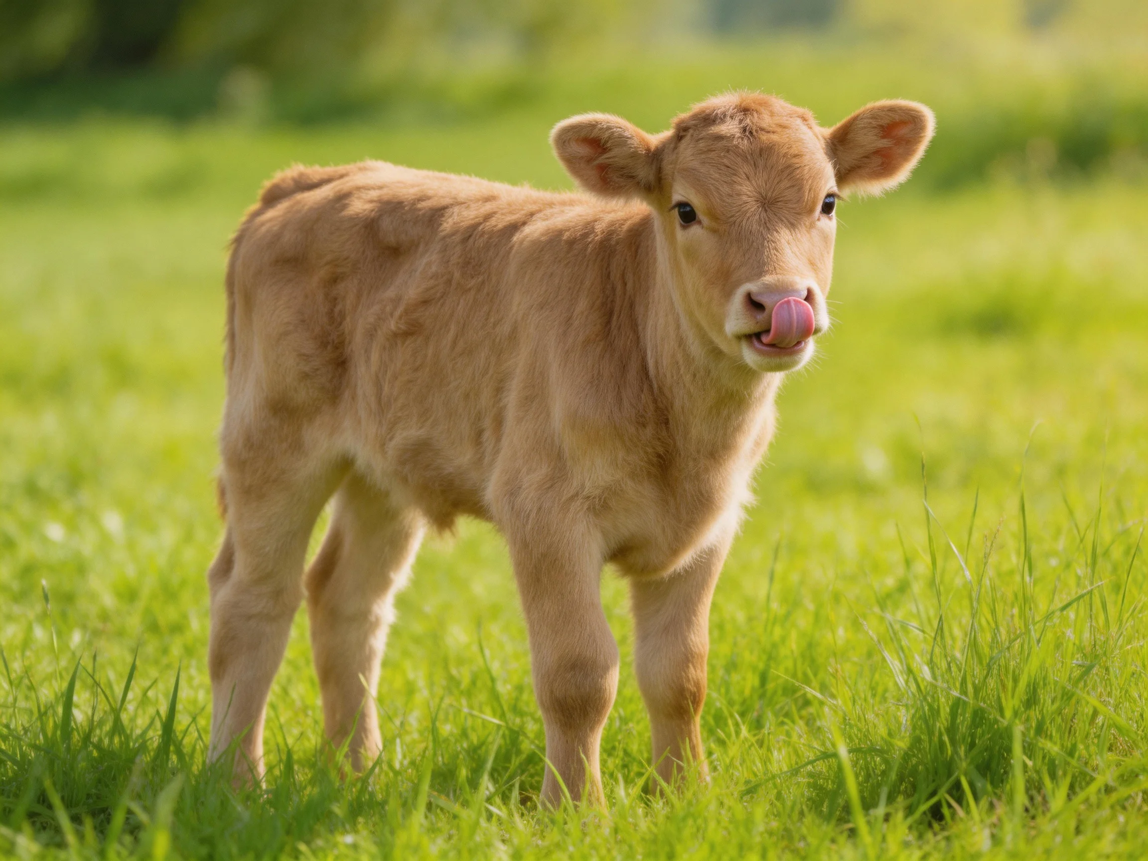 A curious light brown calf stands in a lush green meadow
