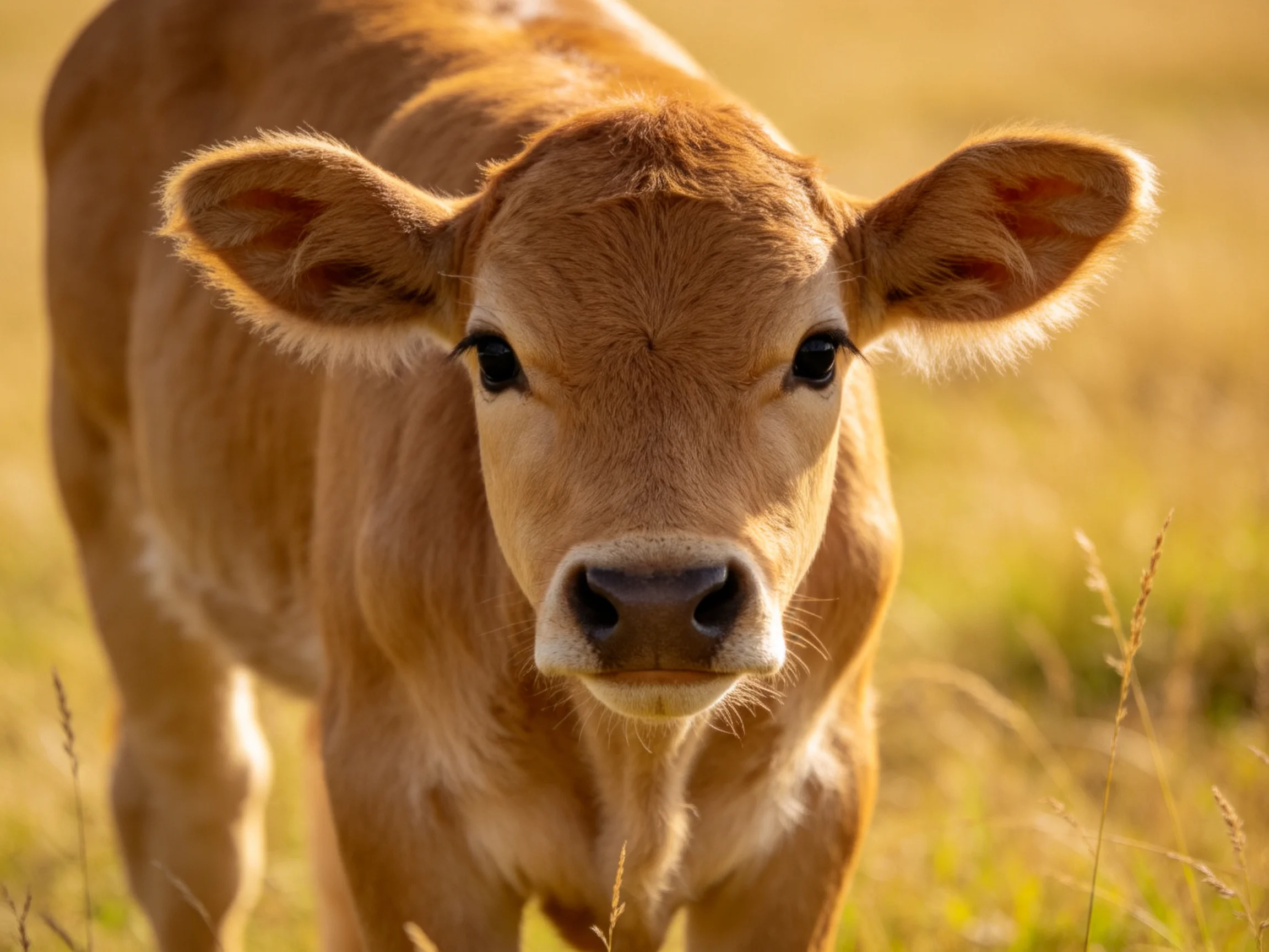 A curious light-brown calf stands in a sunlit golden meadow
