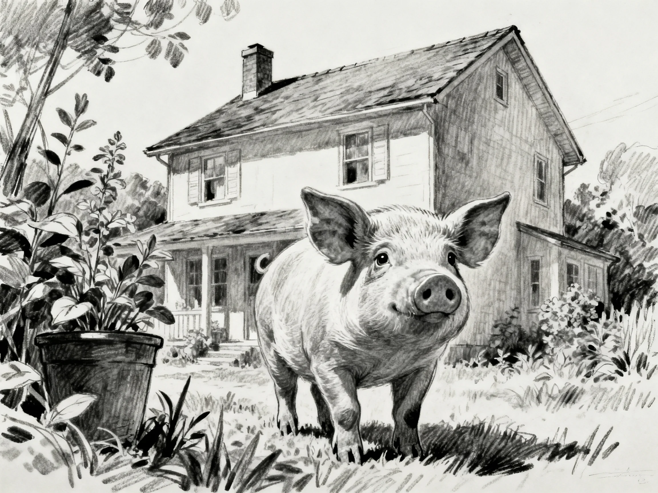 A curious pig near a two-story wooden farmhouse with lush vegetation