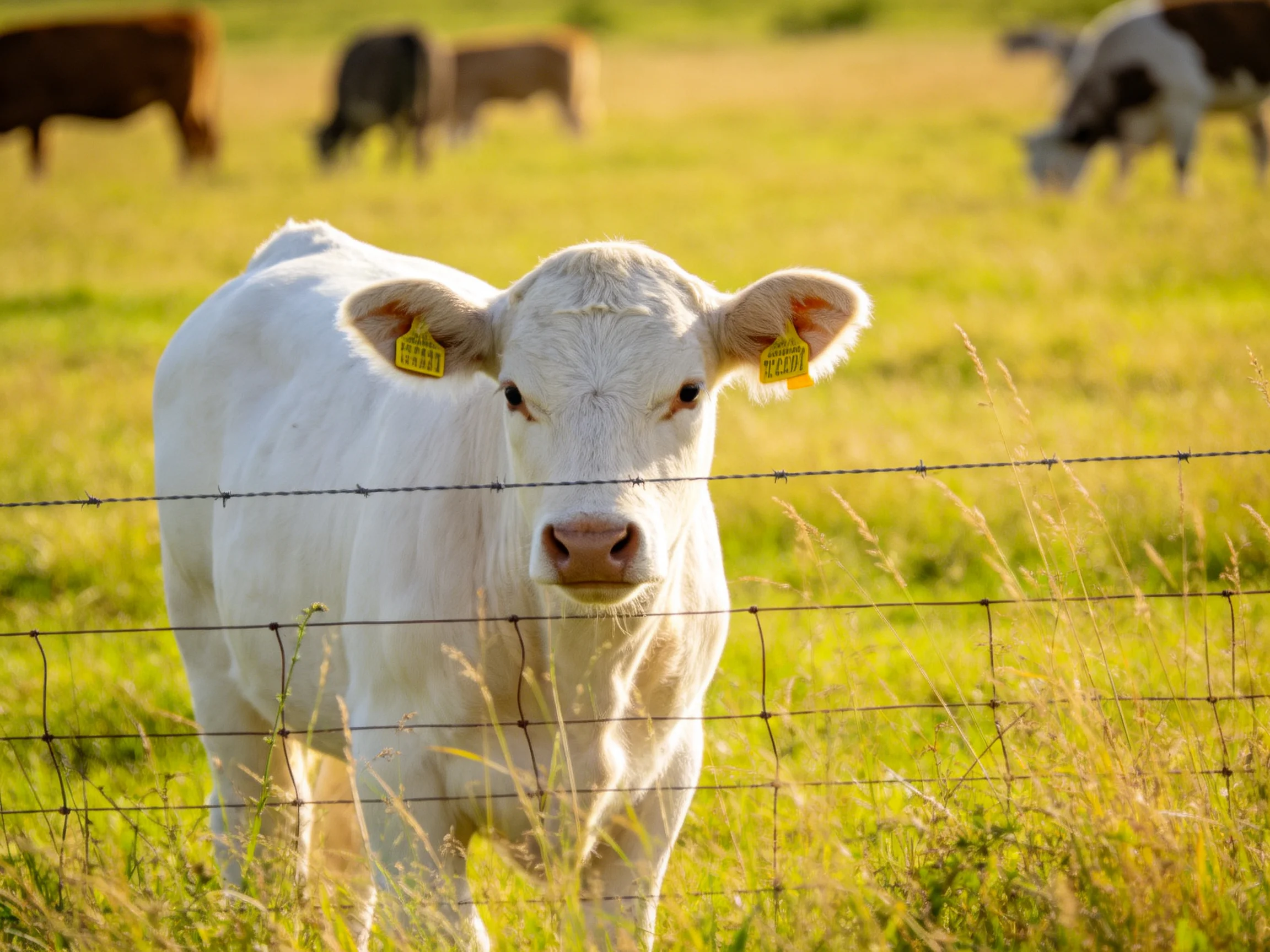 A curious white calf near barbed wire fence in sunny pasture