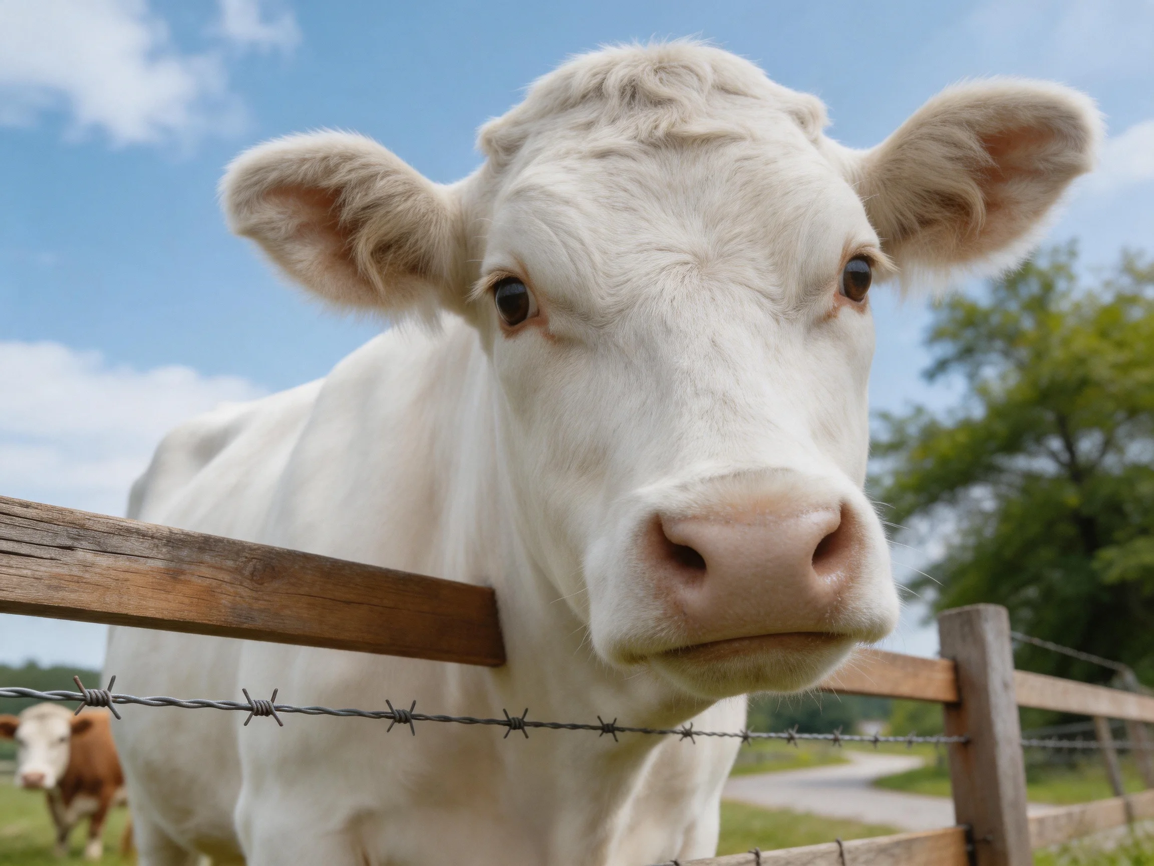 A curious white cow peers over a wooden barbed-w wire fence with a brown cow nearby