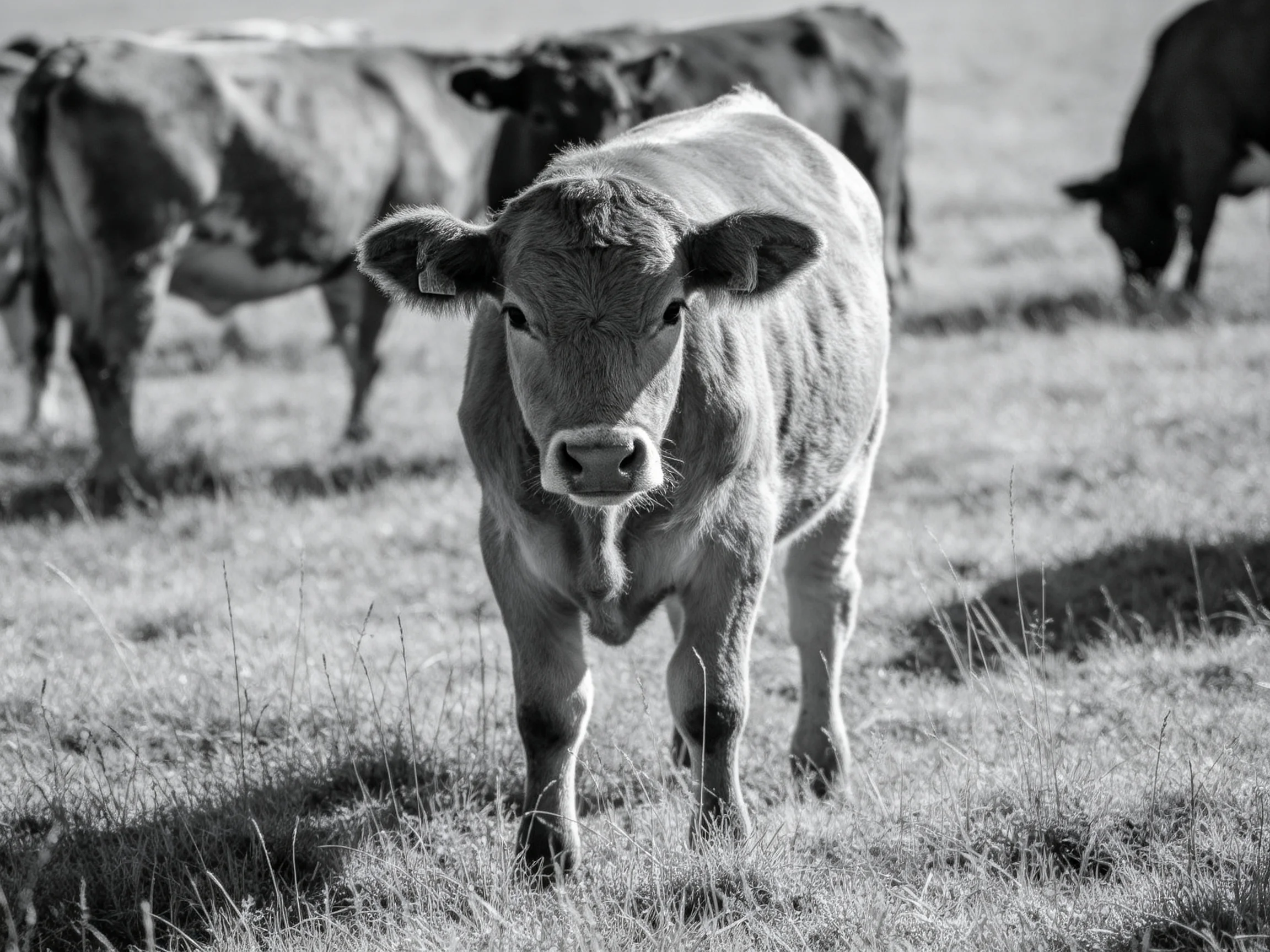 A curious young cow stands among grazing cattle in an open pasture