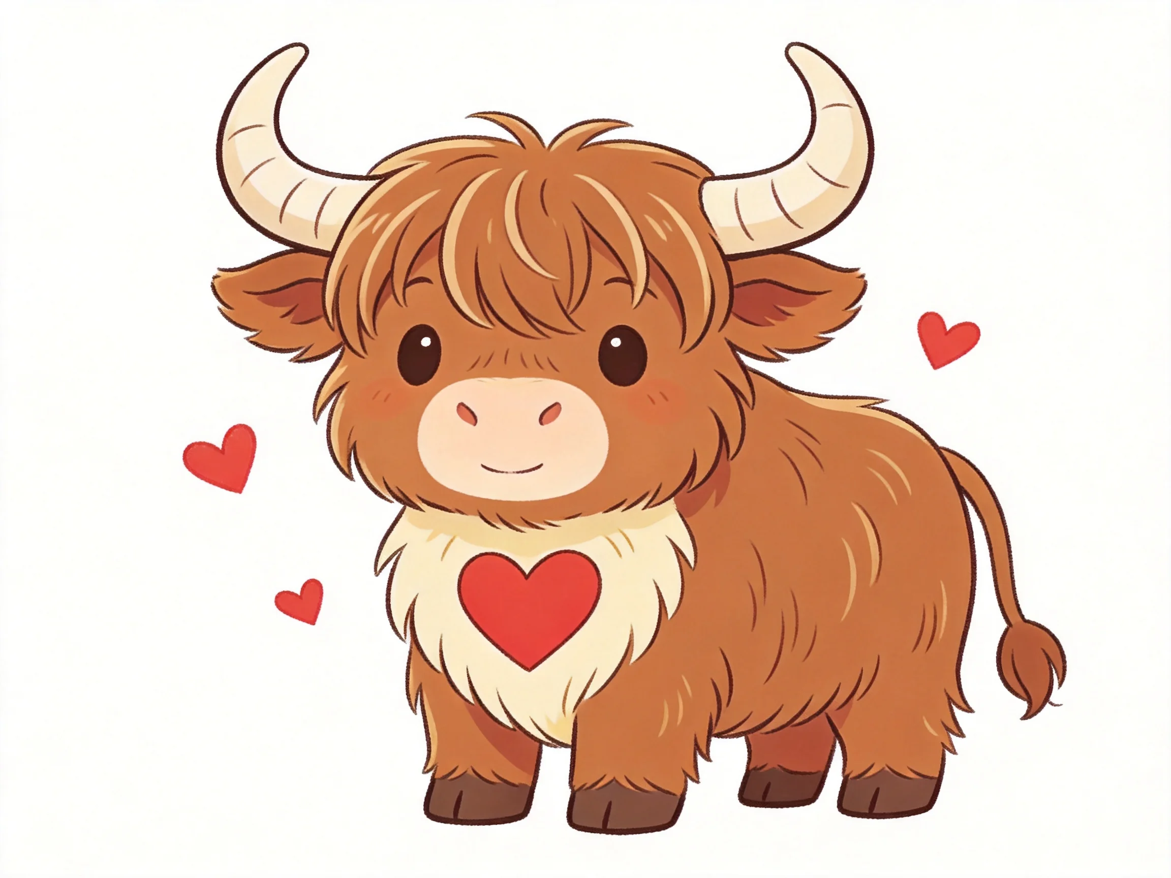 A cute brown Highland cow with red heart decorations and white chest