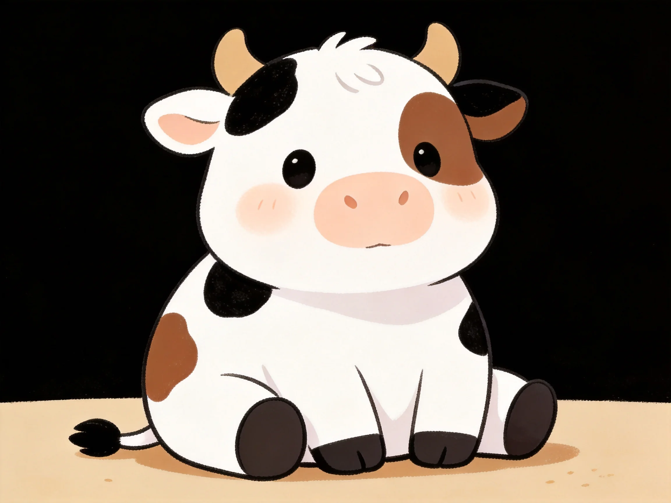 A cute cartoon cow with black and brown spots sitting on a beige surface
