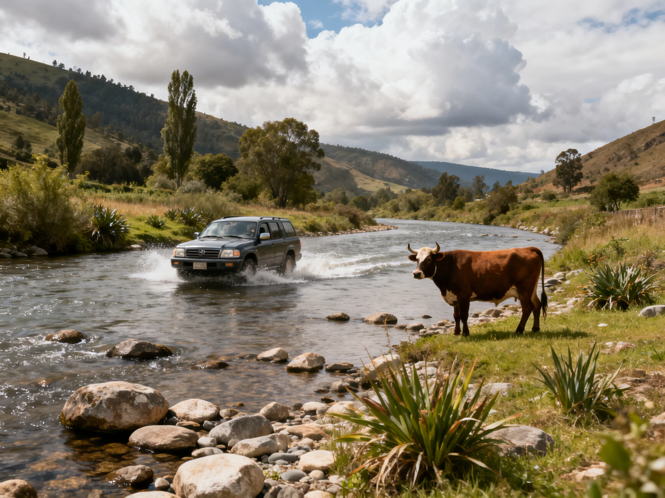 A dark SUV crosses a rocky river near a brown cow in a hilly countryside