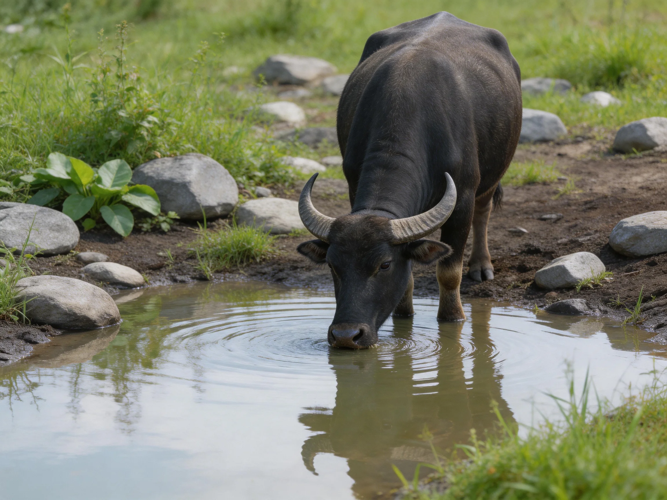 A dark brown buffalo drinks from a small stream near gray rocks