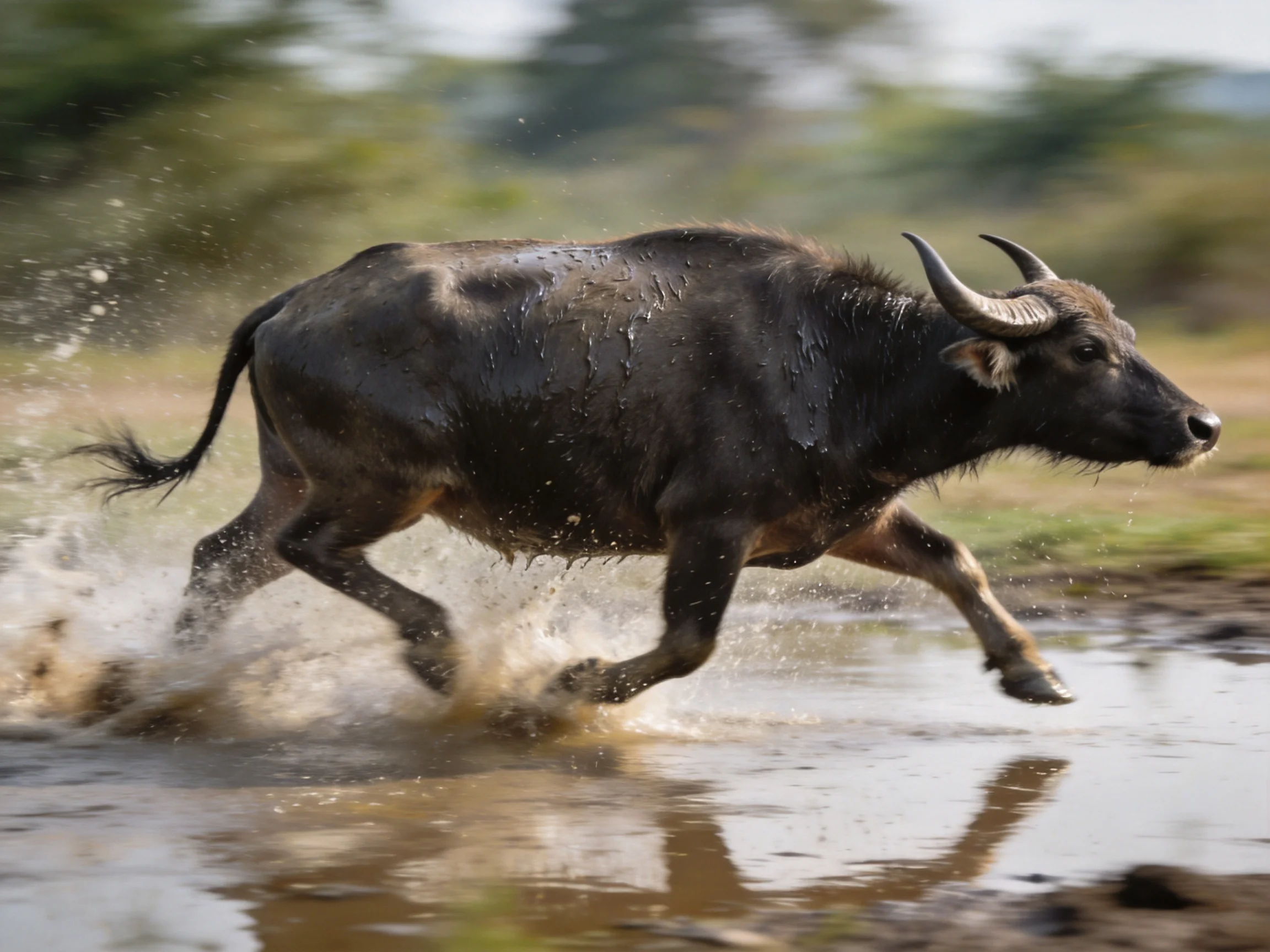 A dark brown buffalo sprints through shallow muddy water