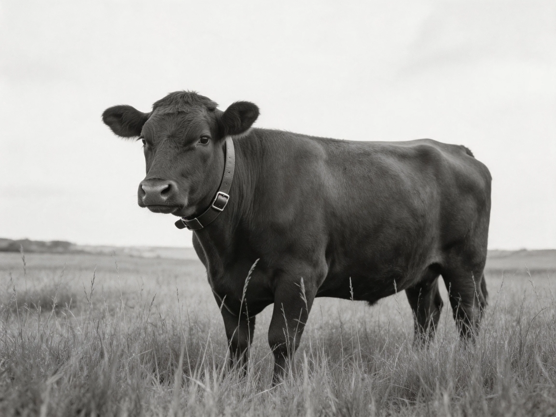 A dark brown cow stands in a grassy field with tall vegetation