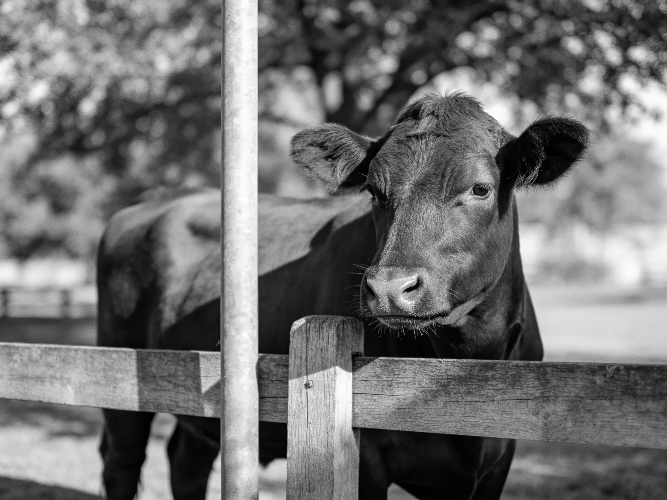 A dark cow peers over a wooden fence in a rural landscape
