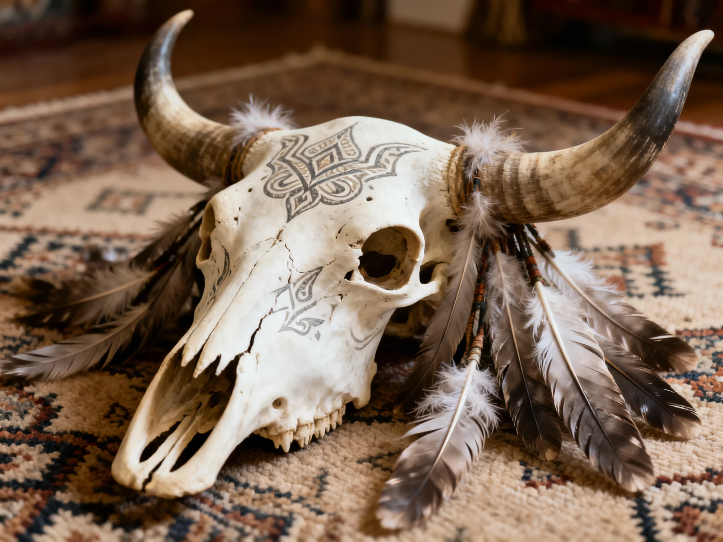 A decorated cow skull with feathers on a patterned rug