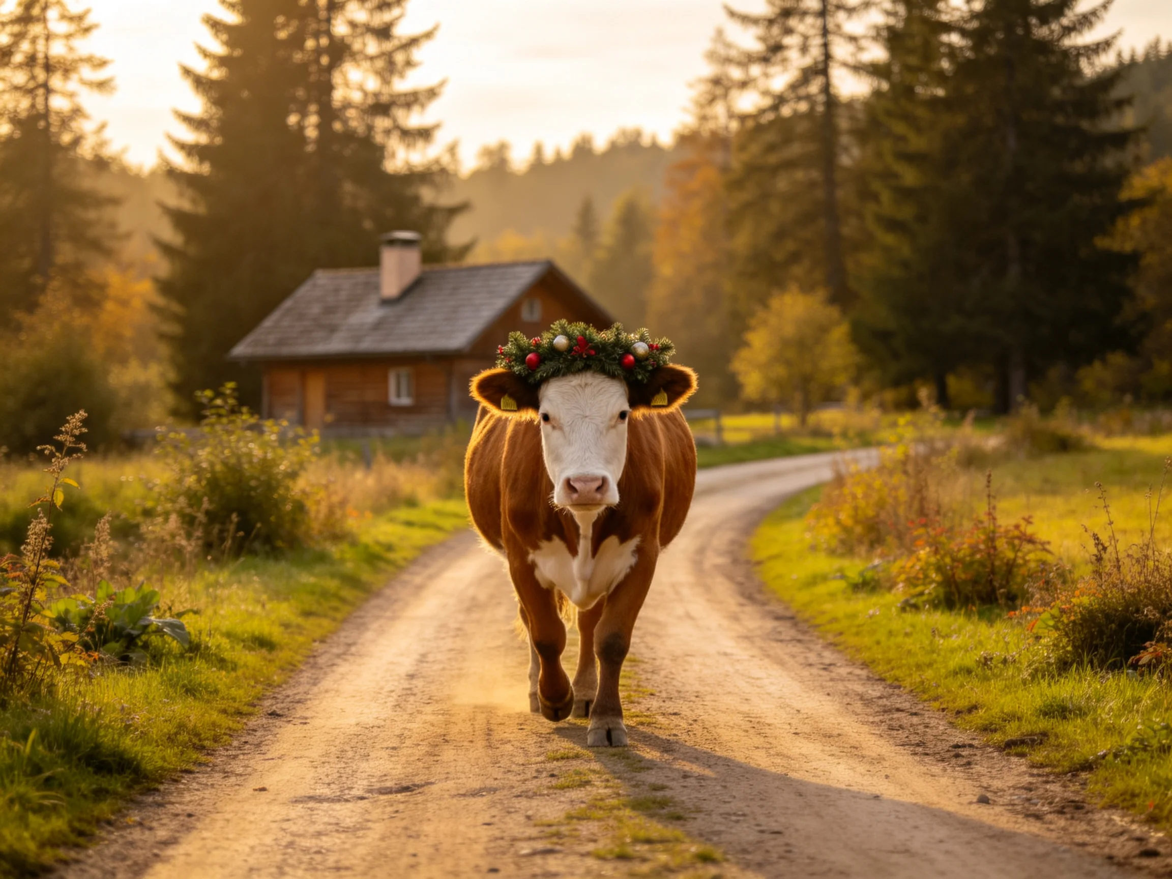 A decorated cow with a wreath walks down a sunlit dirt road near a wooden cabin