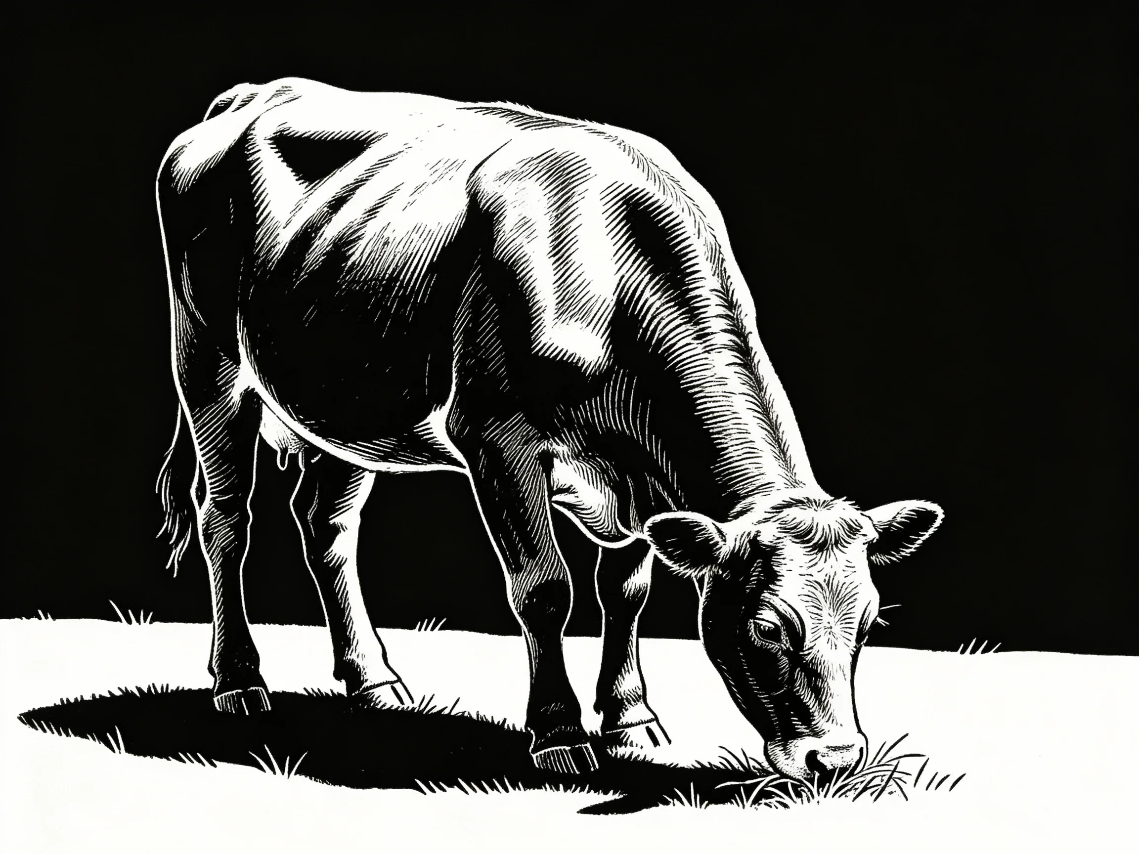 A detailed black and white illustration of a cow grazing