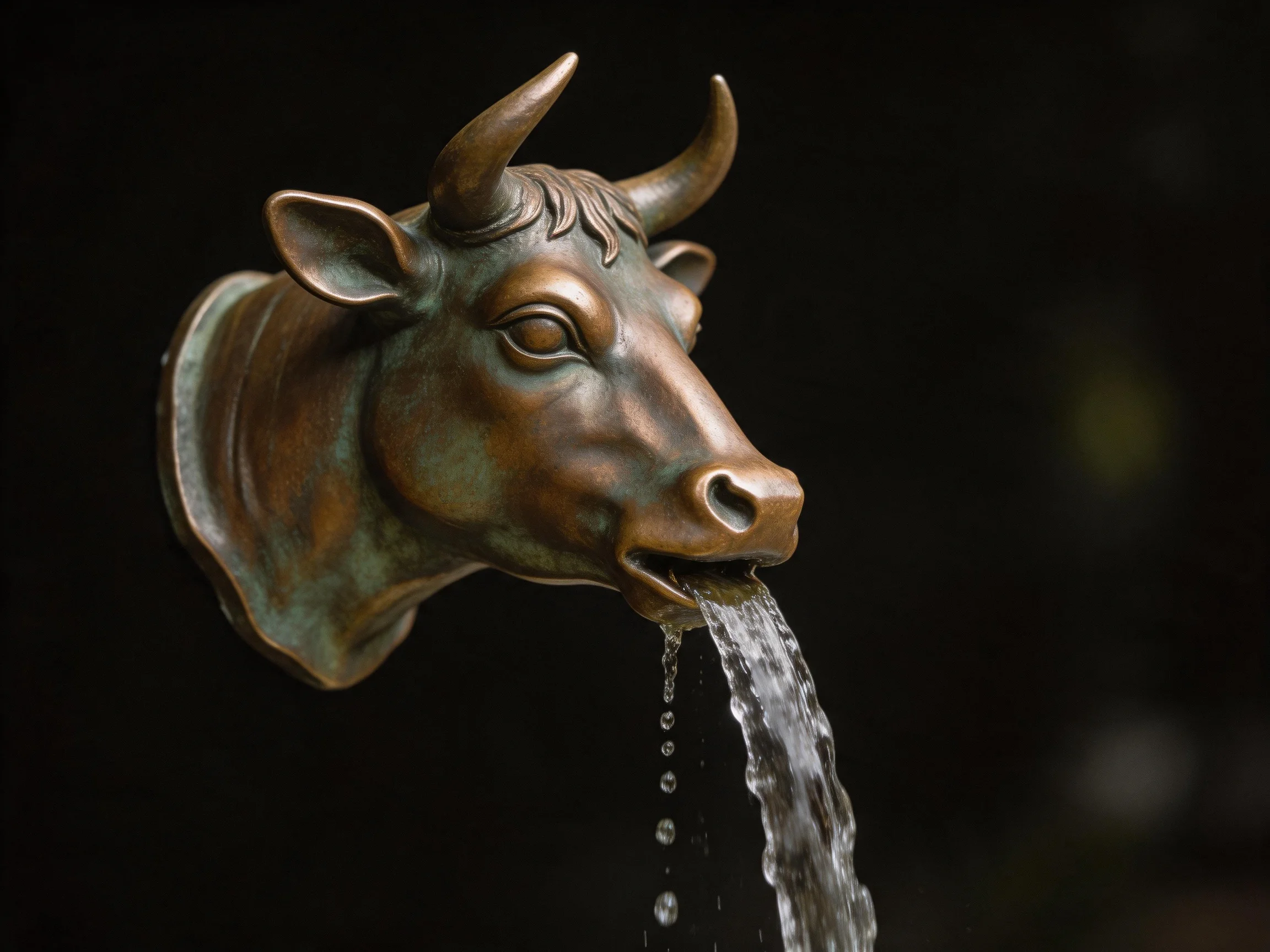 A detailed bronze cow head fountain with water spouting from mouth