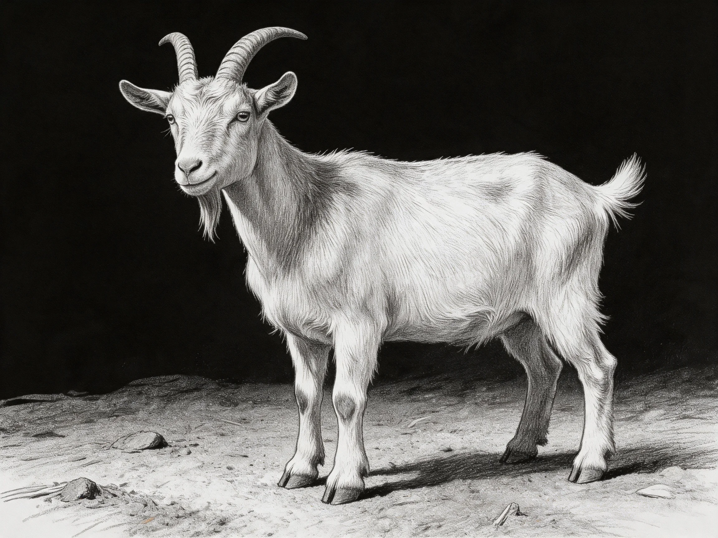 A detailed monochrome drawing of a horned goat on rocky ground