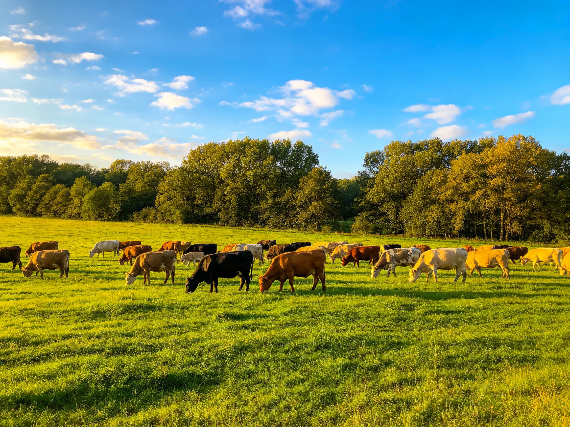 A diverse cattle herd grazing in a verdant pasture near wooded trees