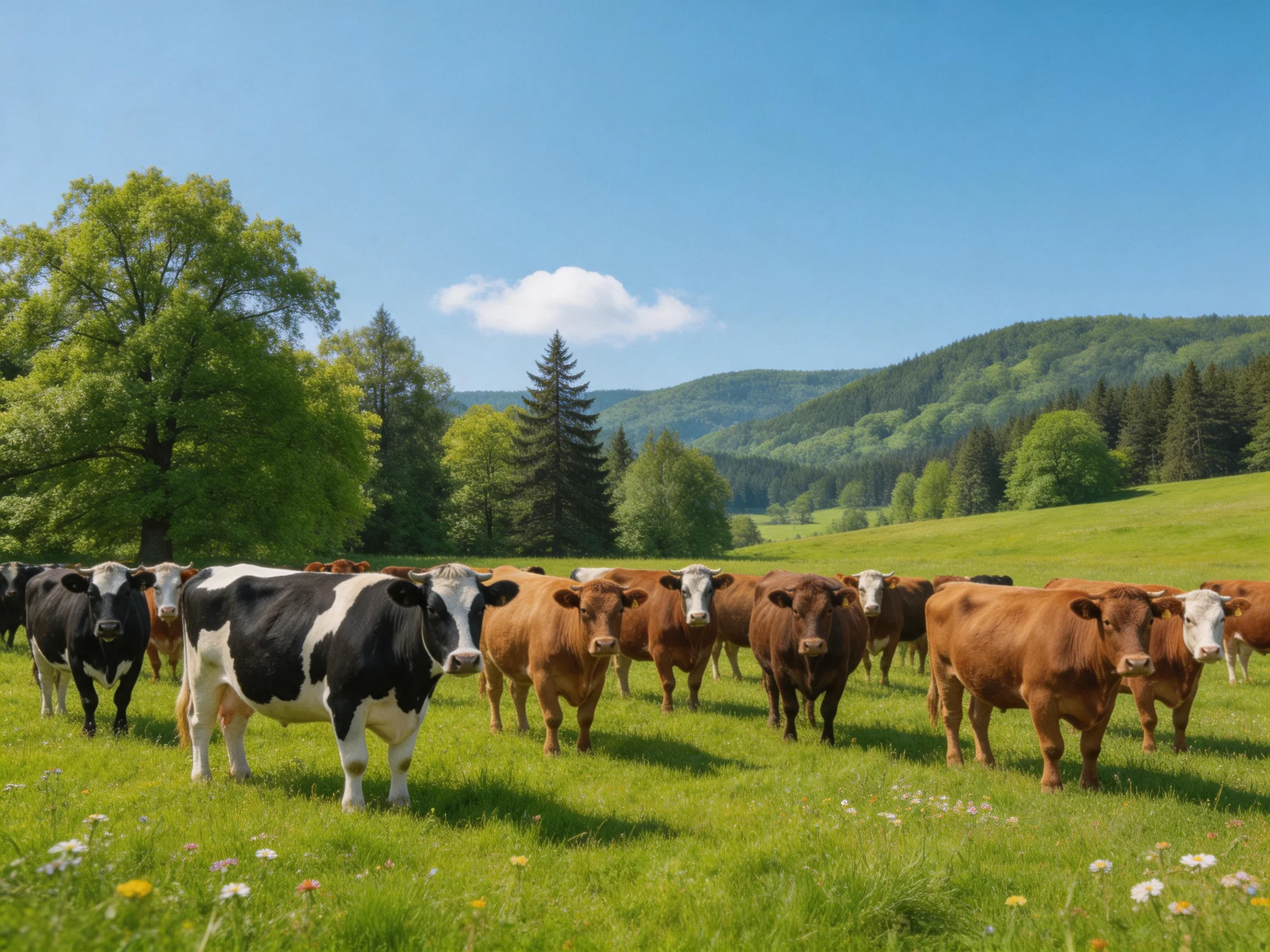 A diverse cow herd in a verdant pasture with trees