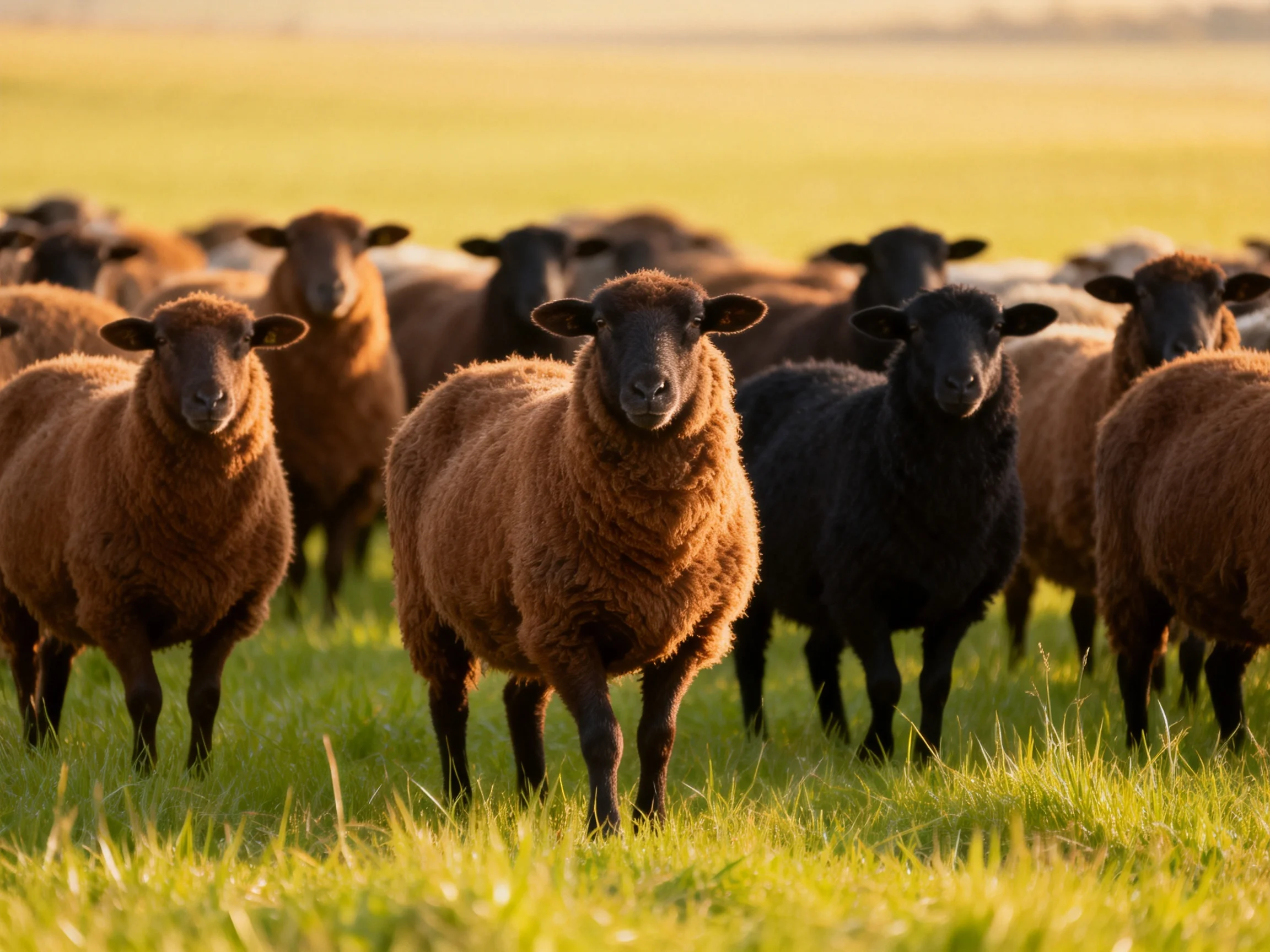 A diverse flock of brown and black sheep in a sunlit meadow
