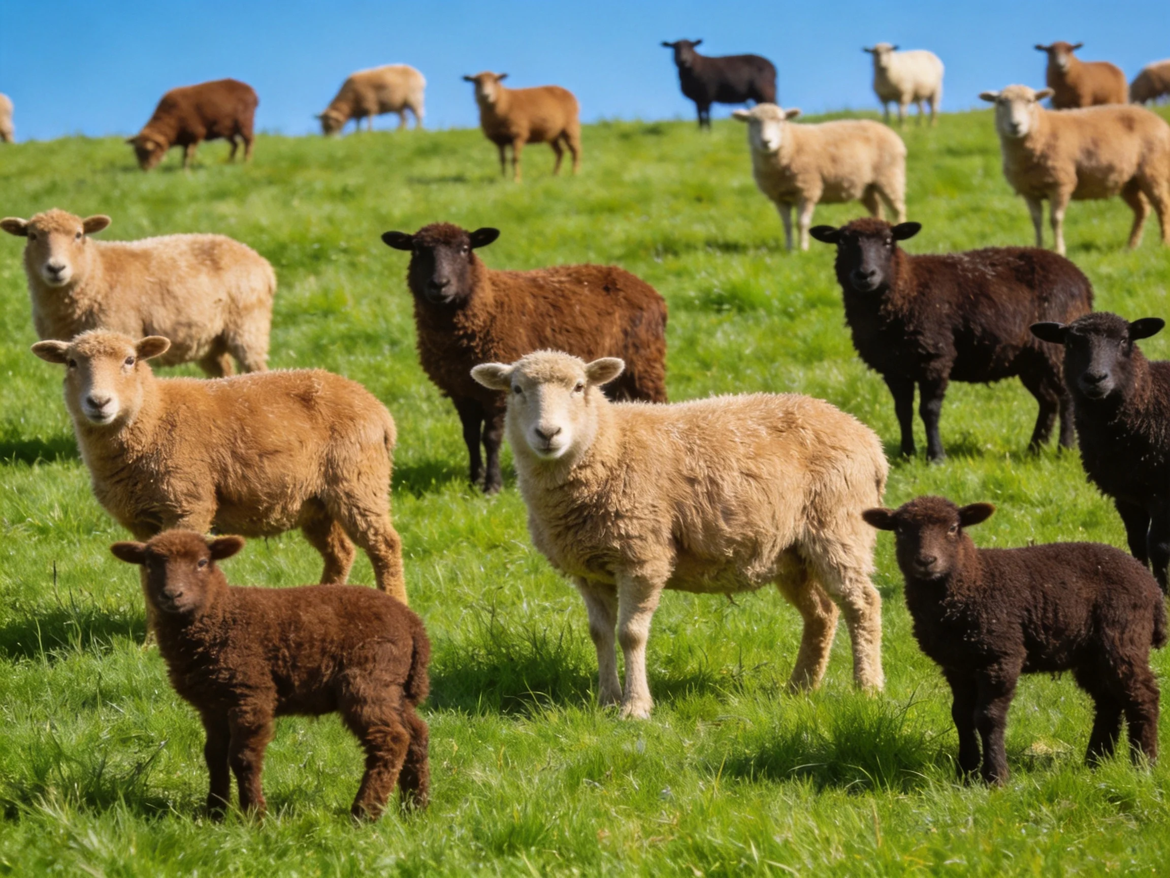 A diverse flock of sheep in brown, black, and white on a green hillside