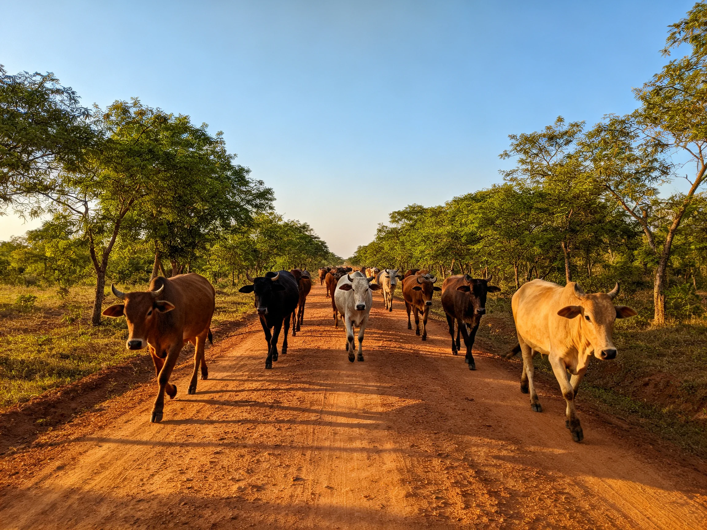A diverse group of cattle walks along a reddish dirt road lined with green trees