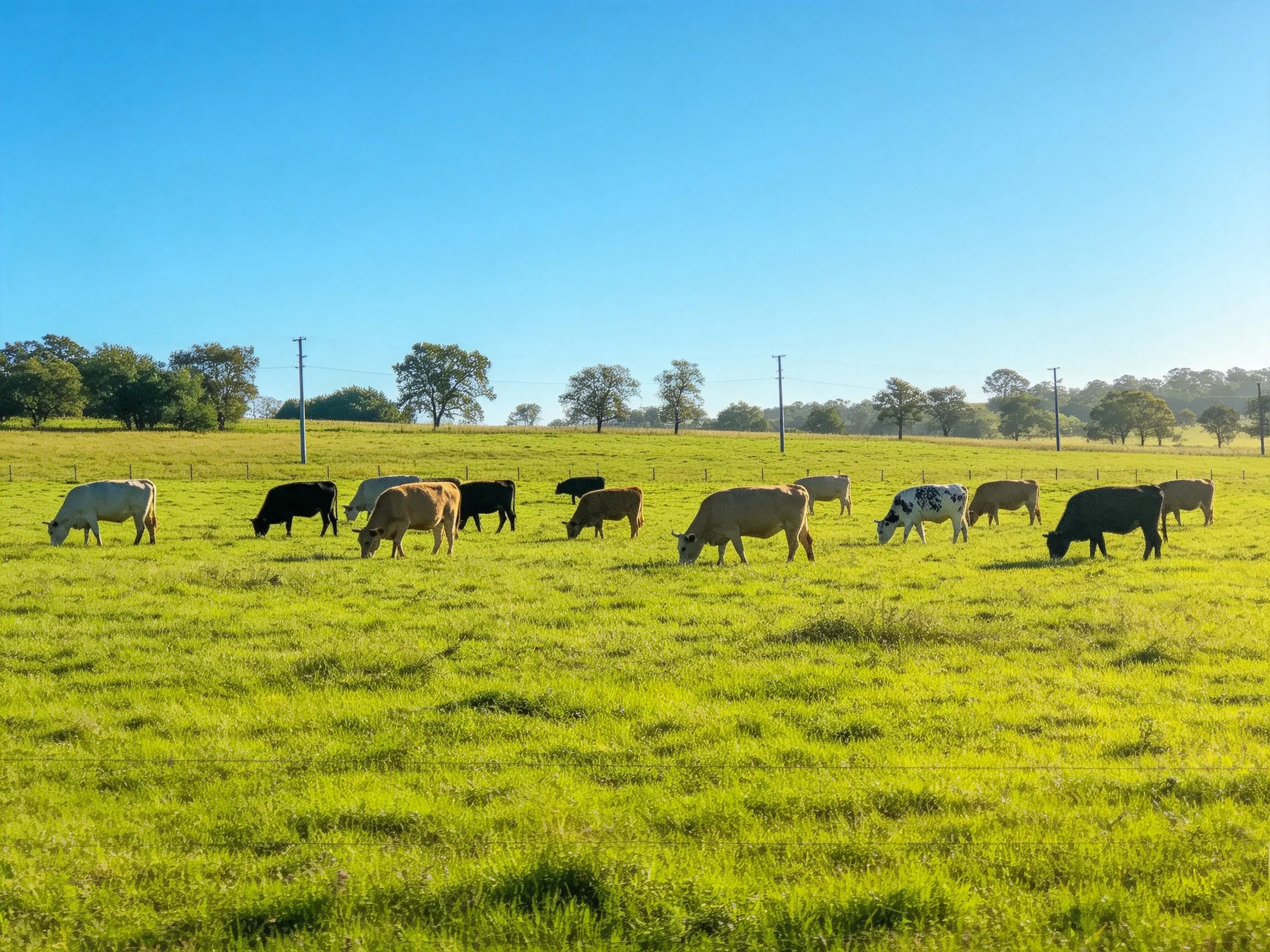 A diverse group of cows grazing in a lush green pasture under a clear blue sky