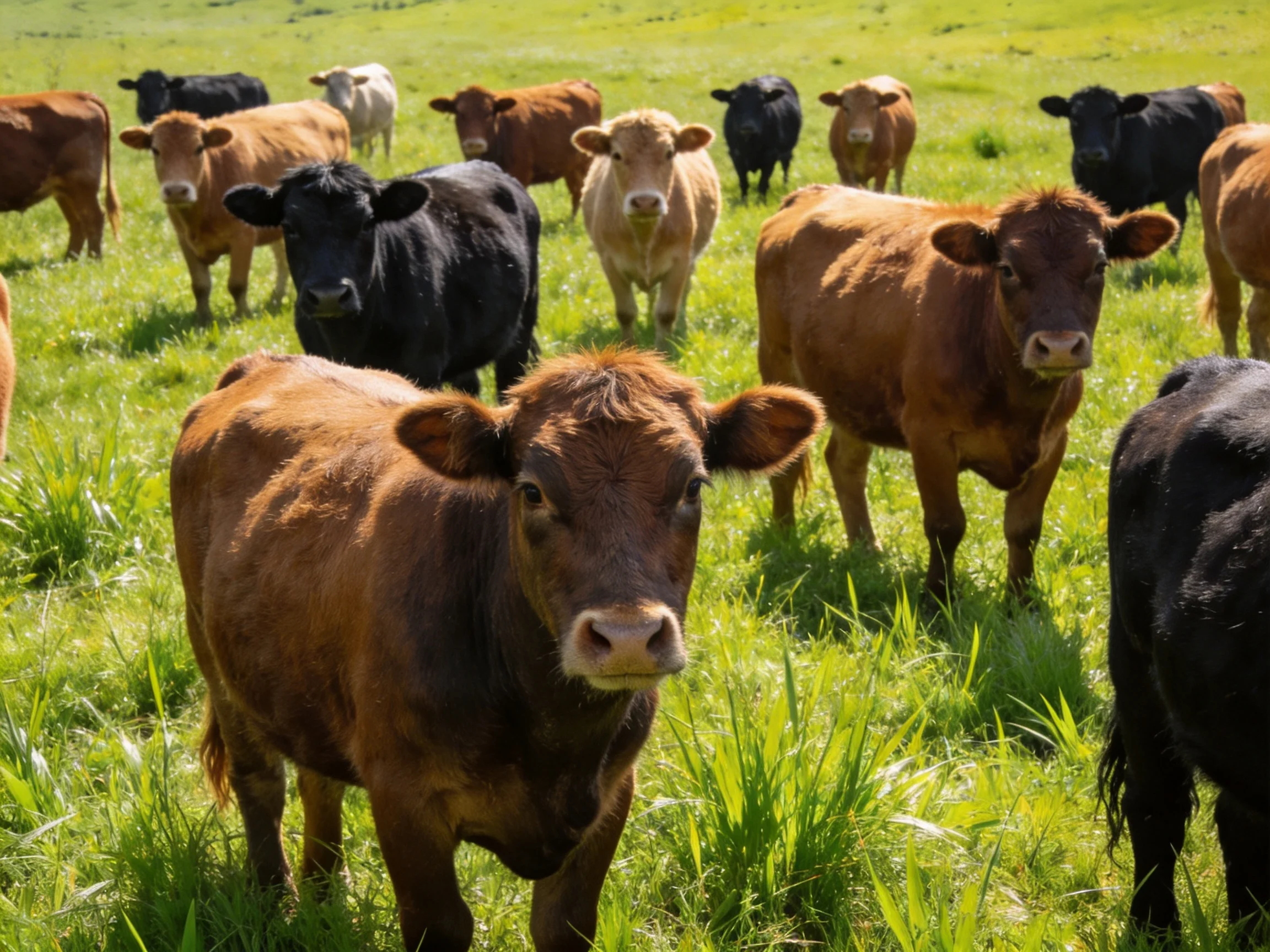 A diverse herd of brown, black, and tan cattle grazes in a lush green pasture