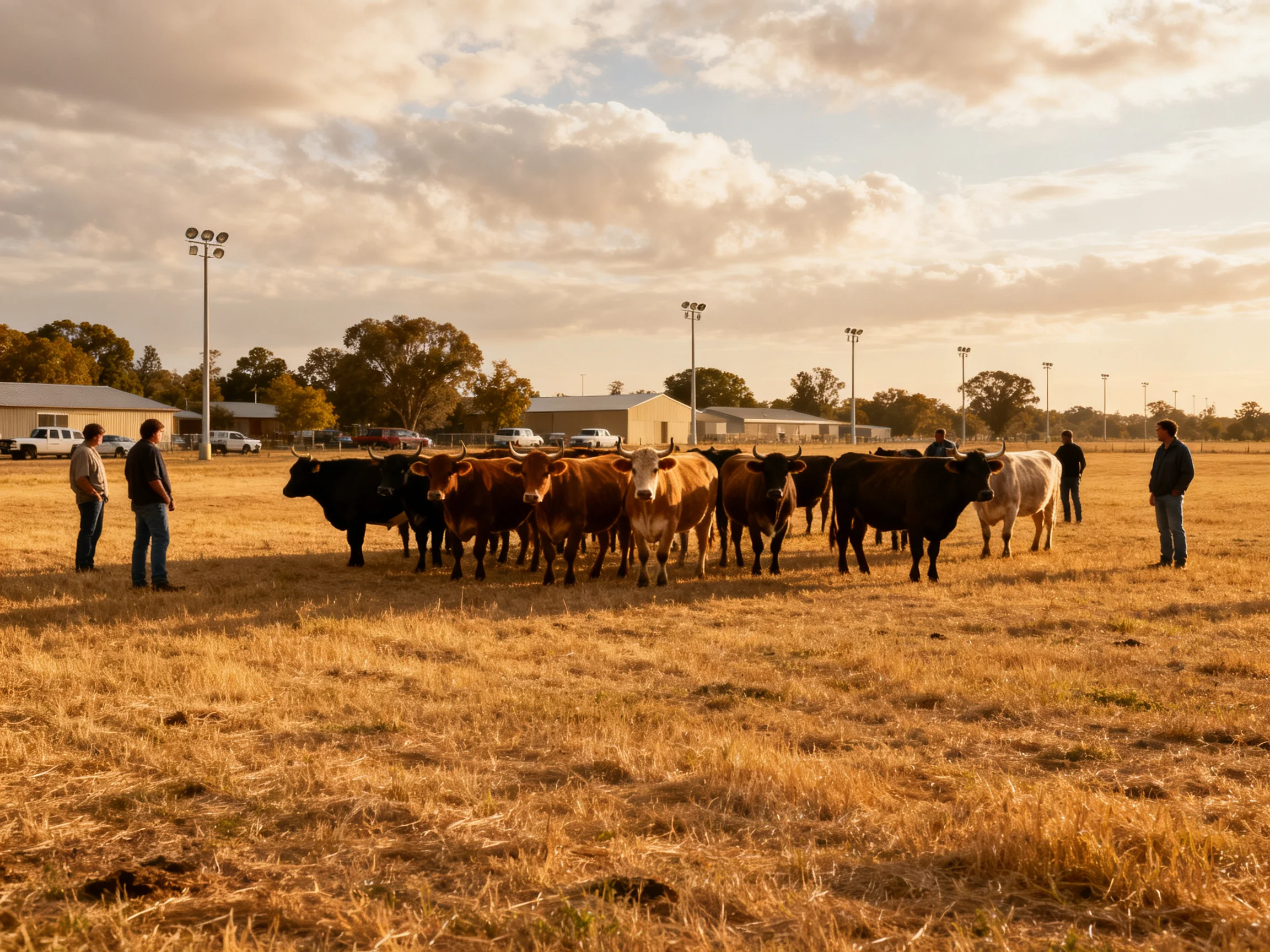 A diverse herd of cattle gathers near people in a golden rural field