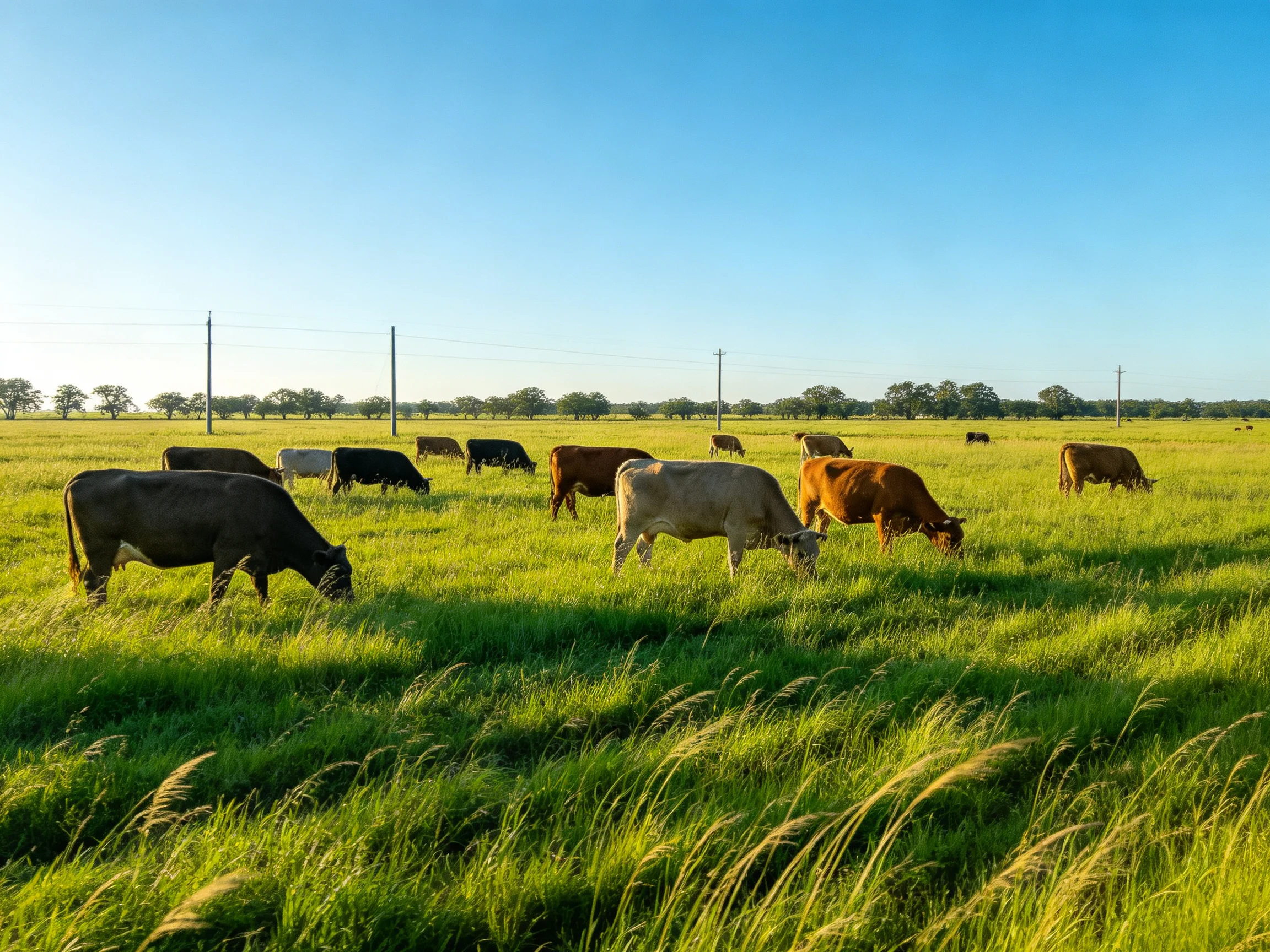 A diverse herd of cattle grazes in a lush green pasture under a clear blue sky