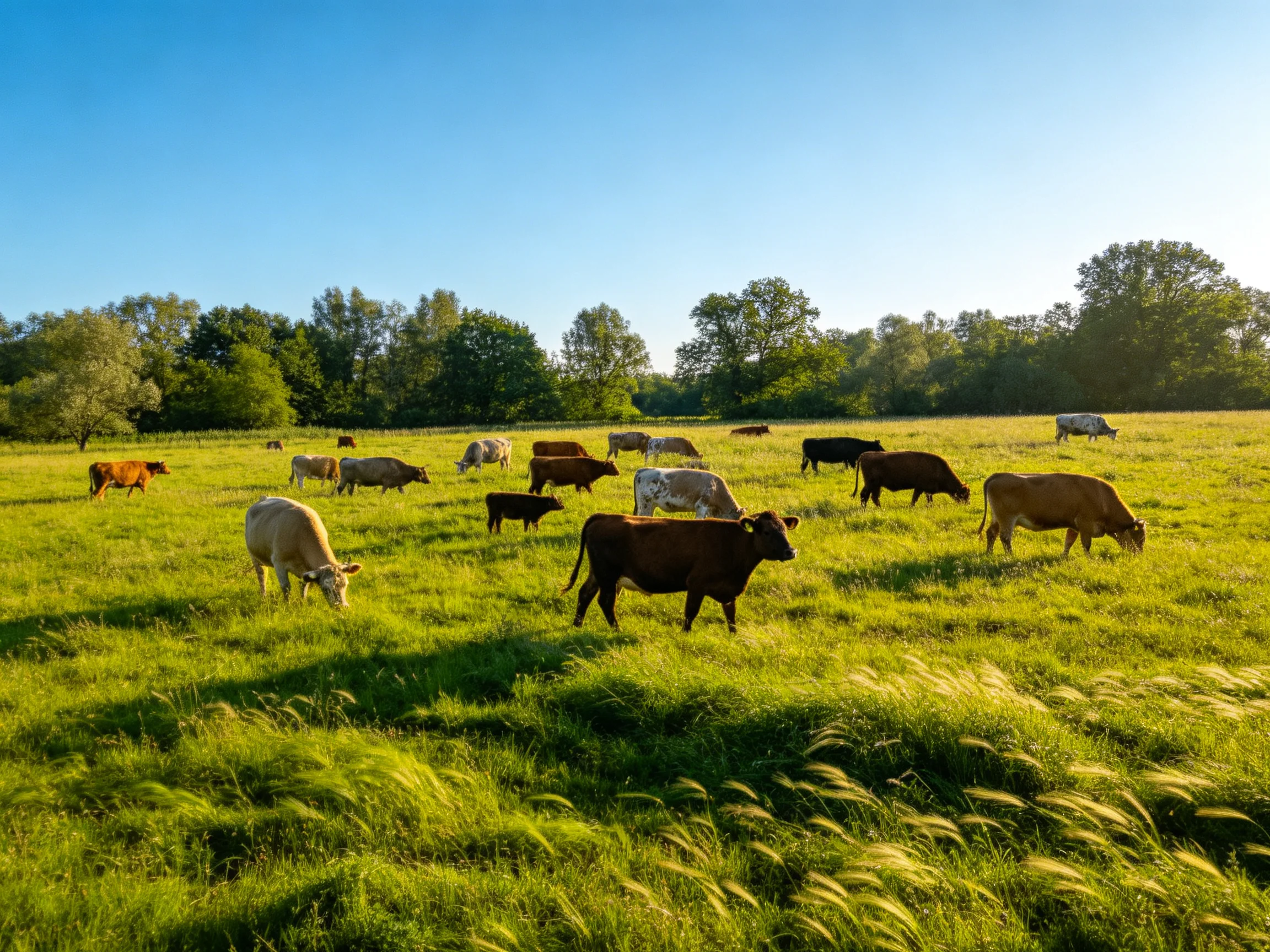 A diverse herd of cattle grazing in a sunlit green pasture