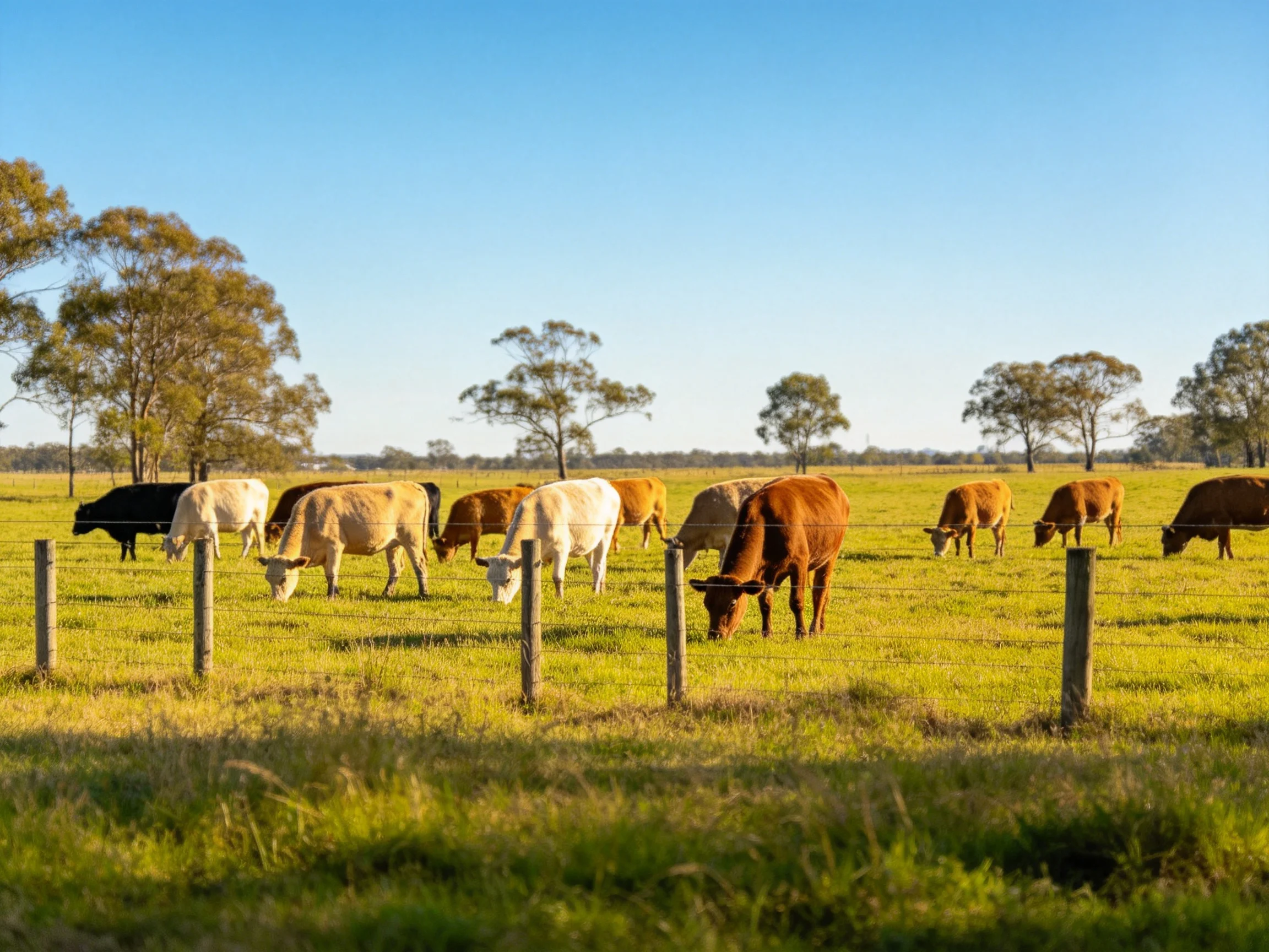 A diverse herd of cattle grazing in a sunlit green pasture