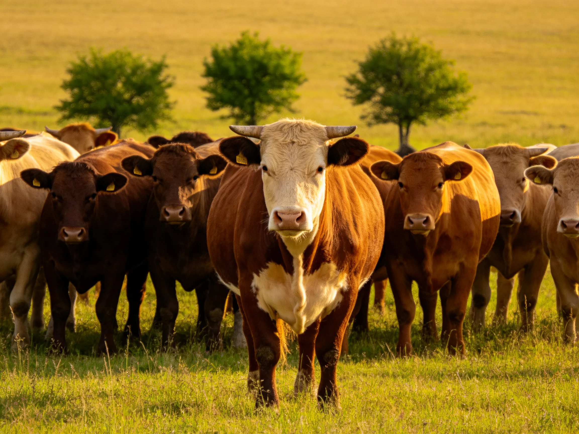 A diverse herd of cattle in a golden grassy field