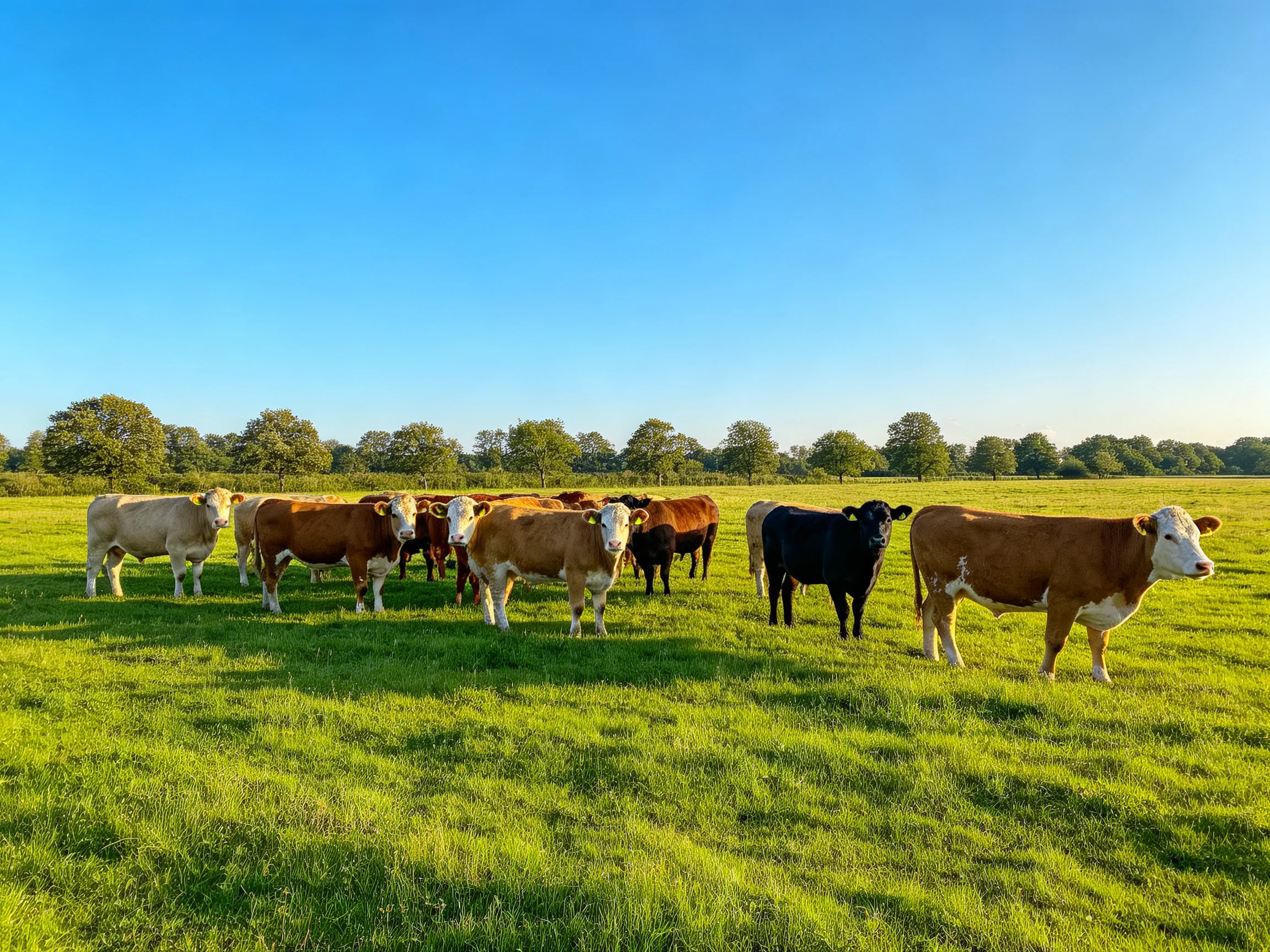 A diverse herd of cattle in a sunlit green pasture with blue sky