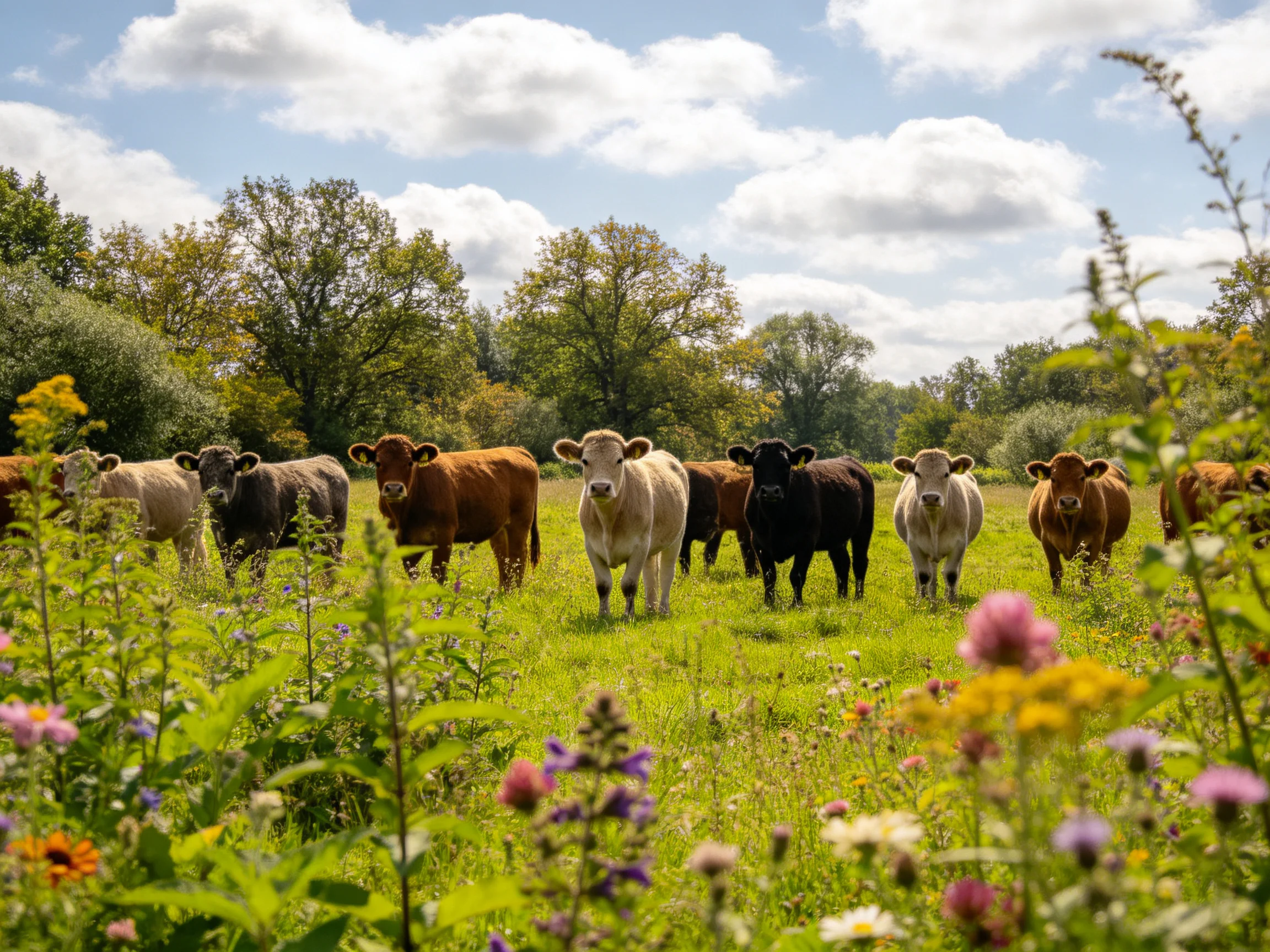 A diverse herd of cattle in a vibrant wildflower meadow