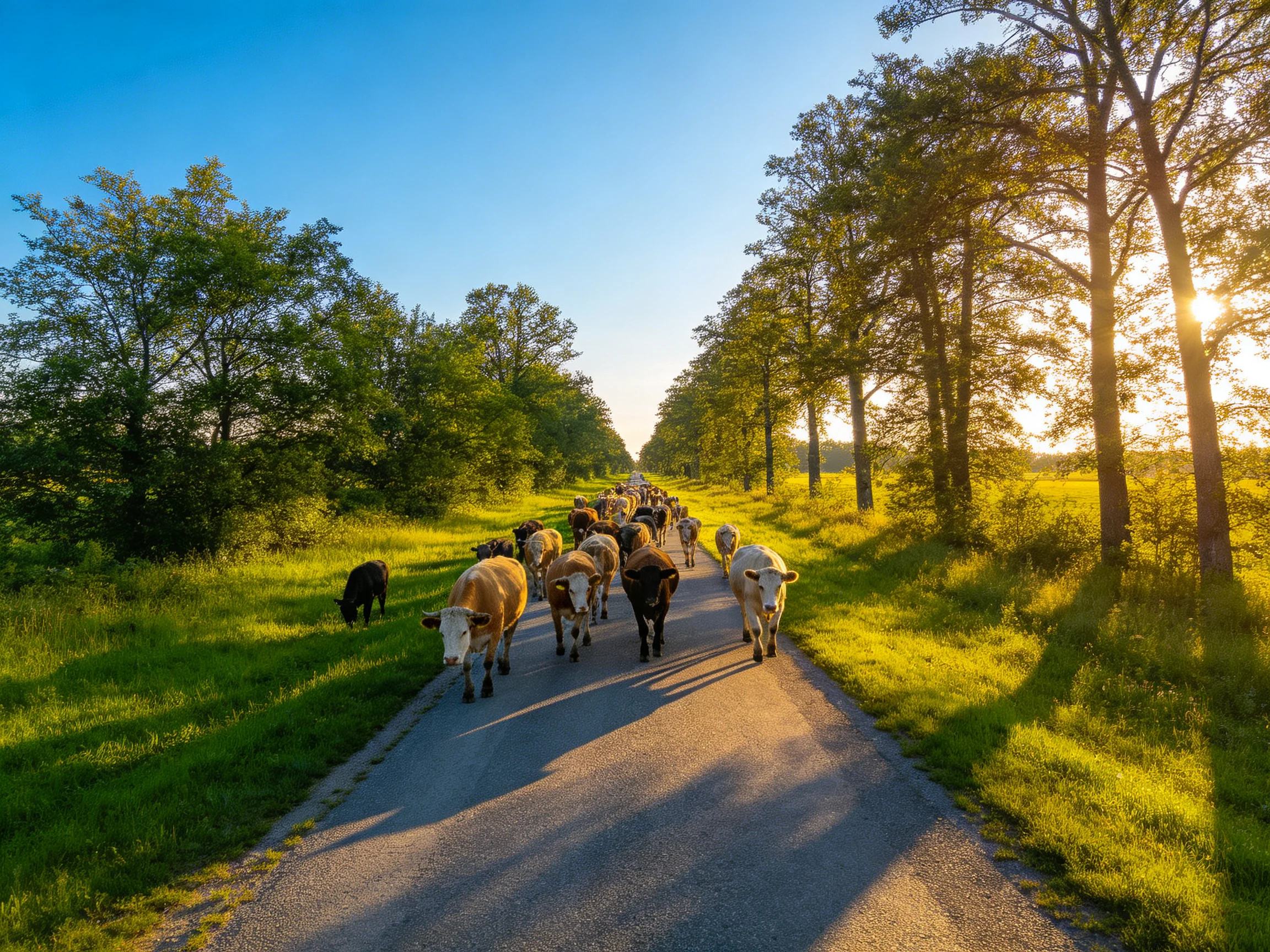 A diverse herd of cattle moves down a sunlit country road