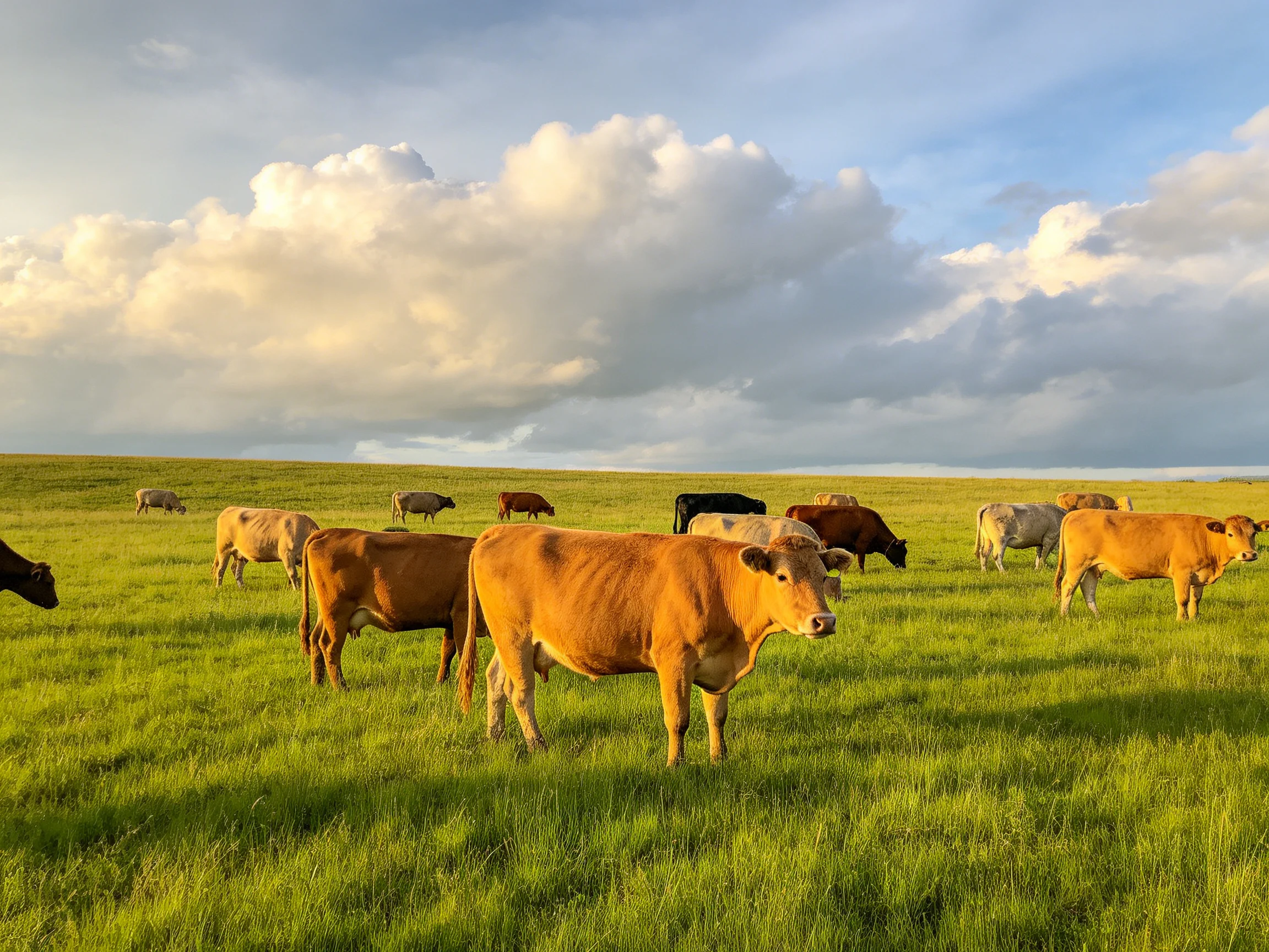 A diverse herd of colored cattle grazing in a lush green pasture under a cloudy sky